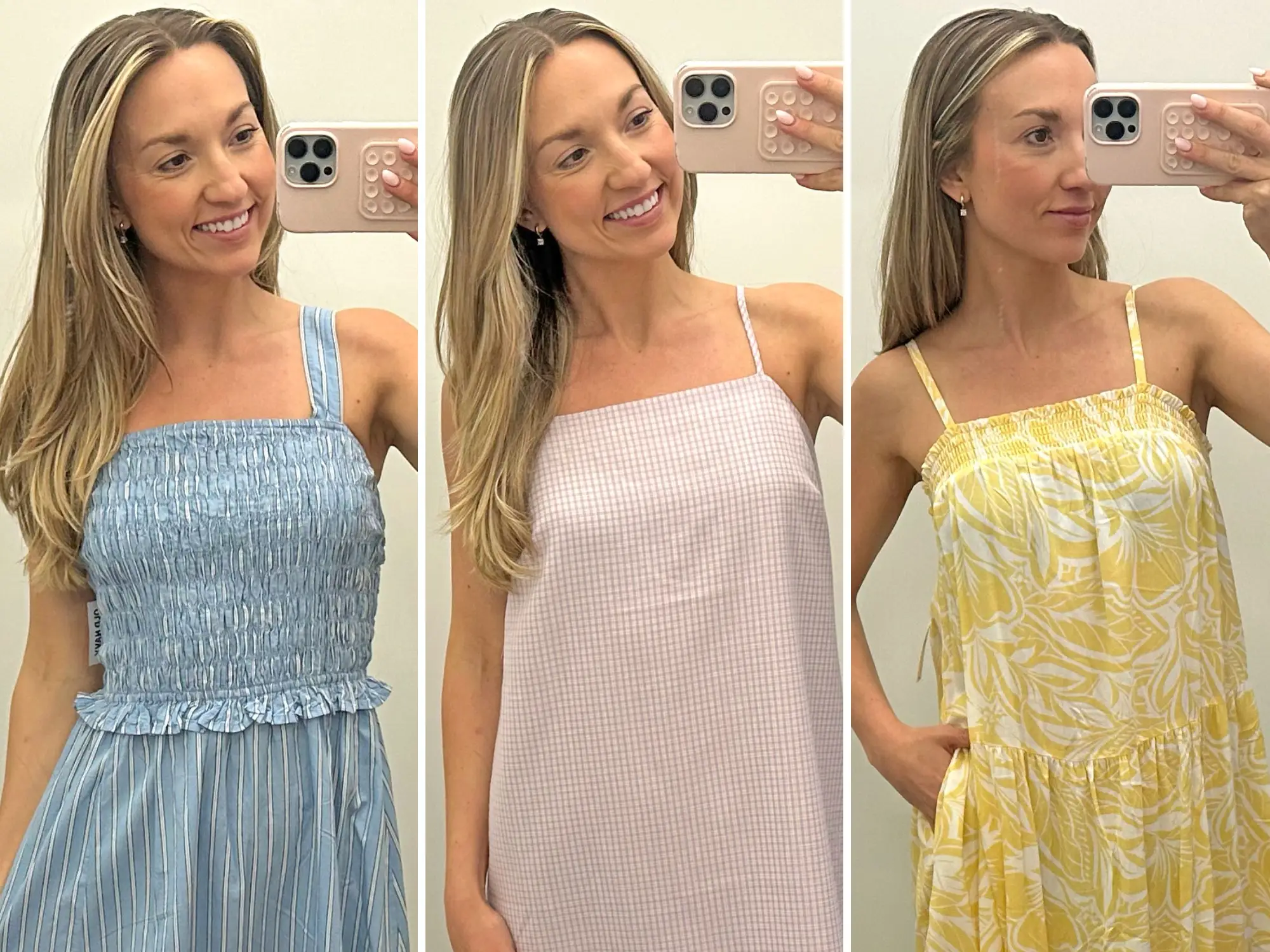 A three-way split of Chloe wearing a blue-and-white striped dress, a purple gingham dress, and a yellow-and-white patterned dress.