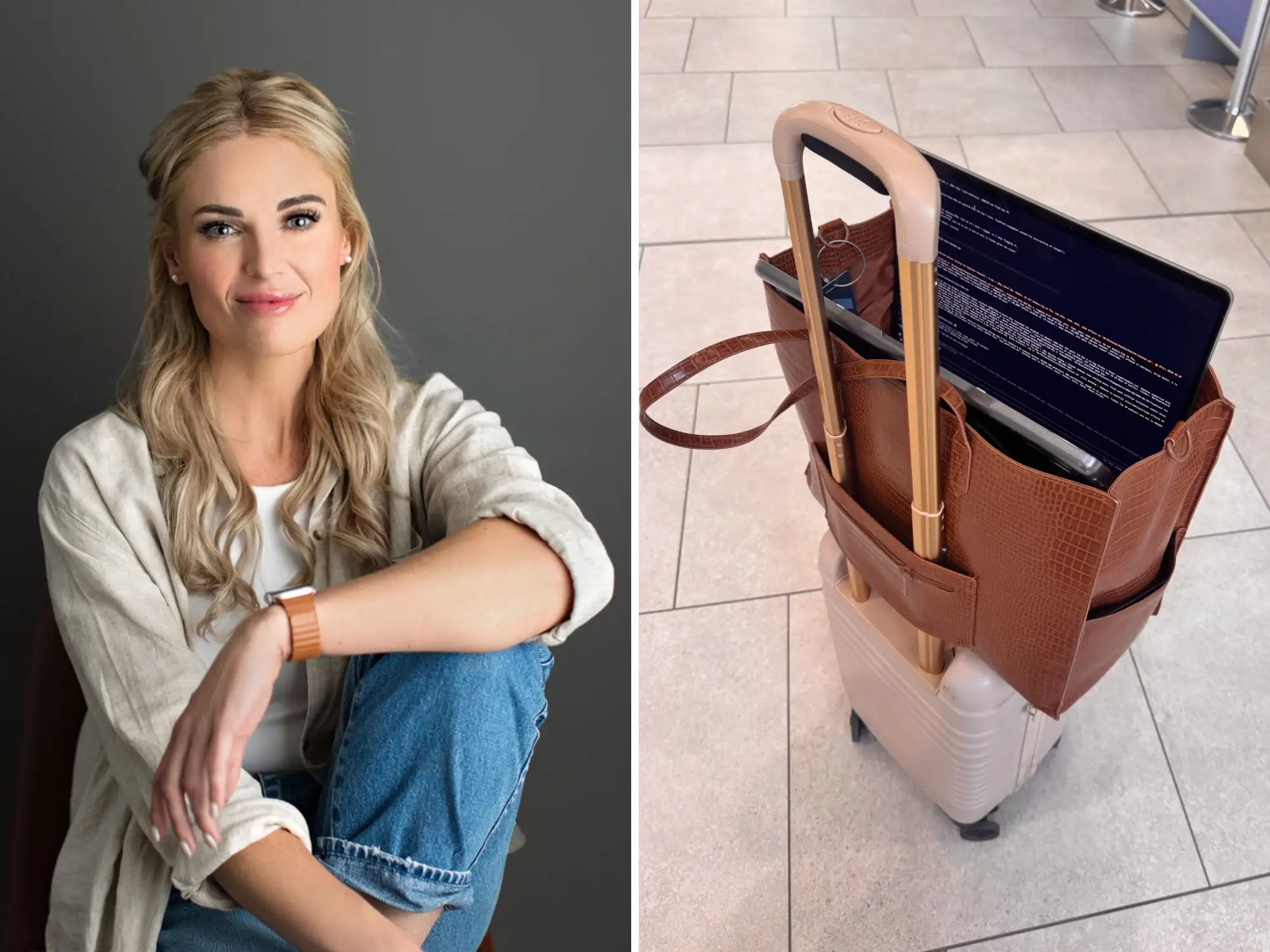 Rebecca Bultsma is pictured with her laptop ajar in a purse.