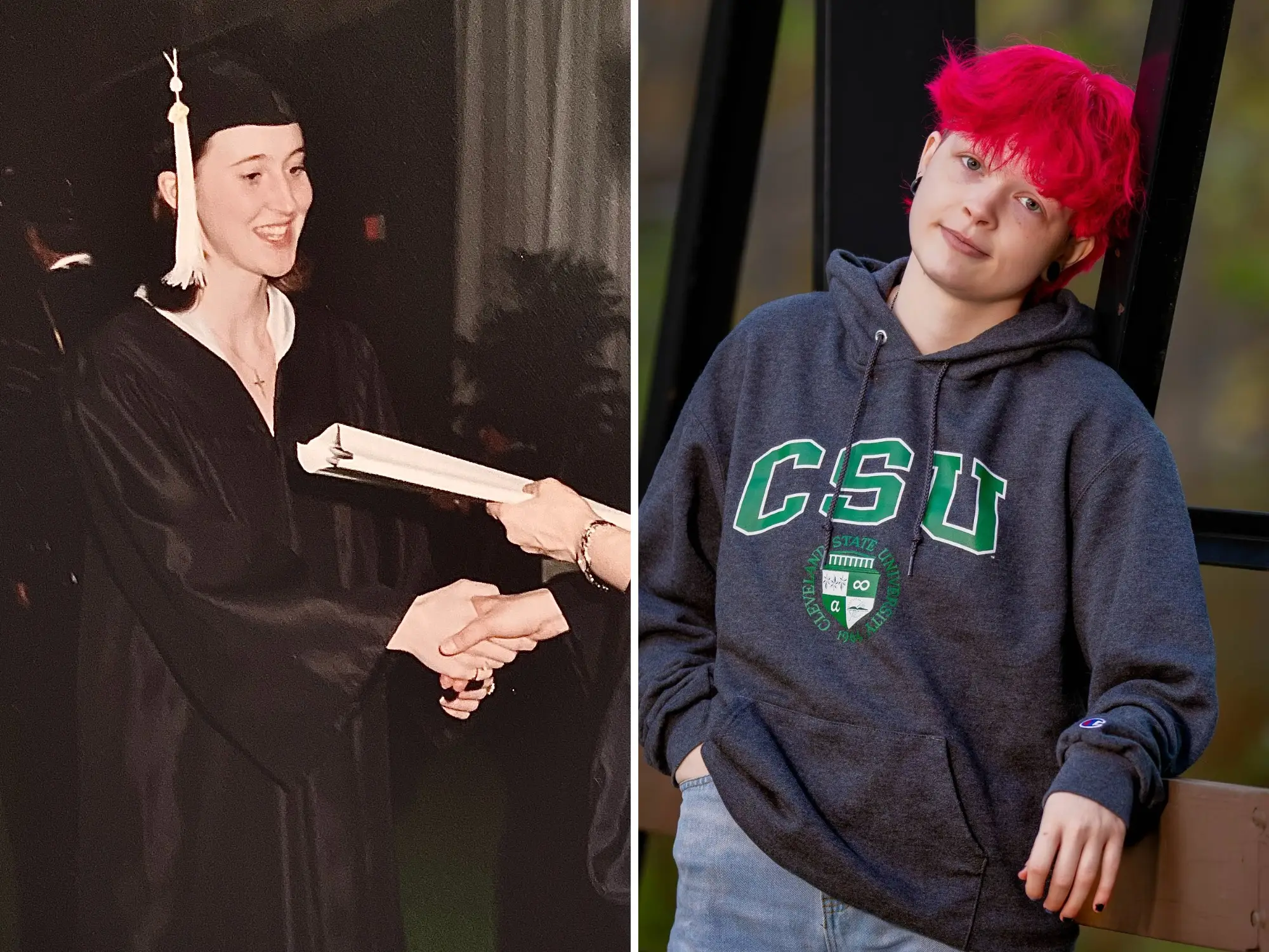 The author (left) lived at home as a college student, while their kid (right) will live on campus.