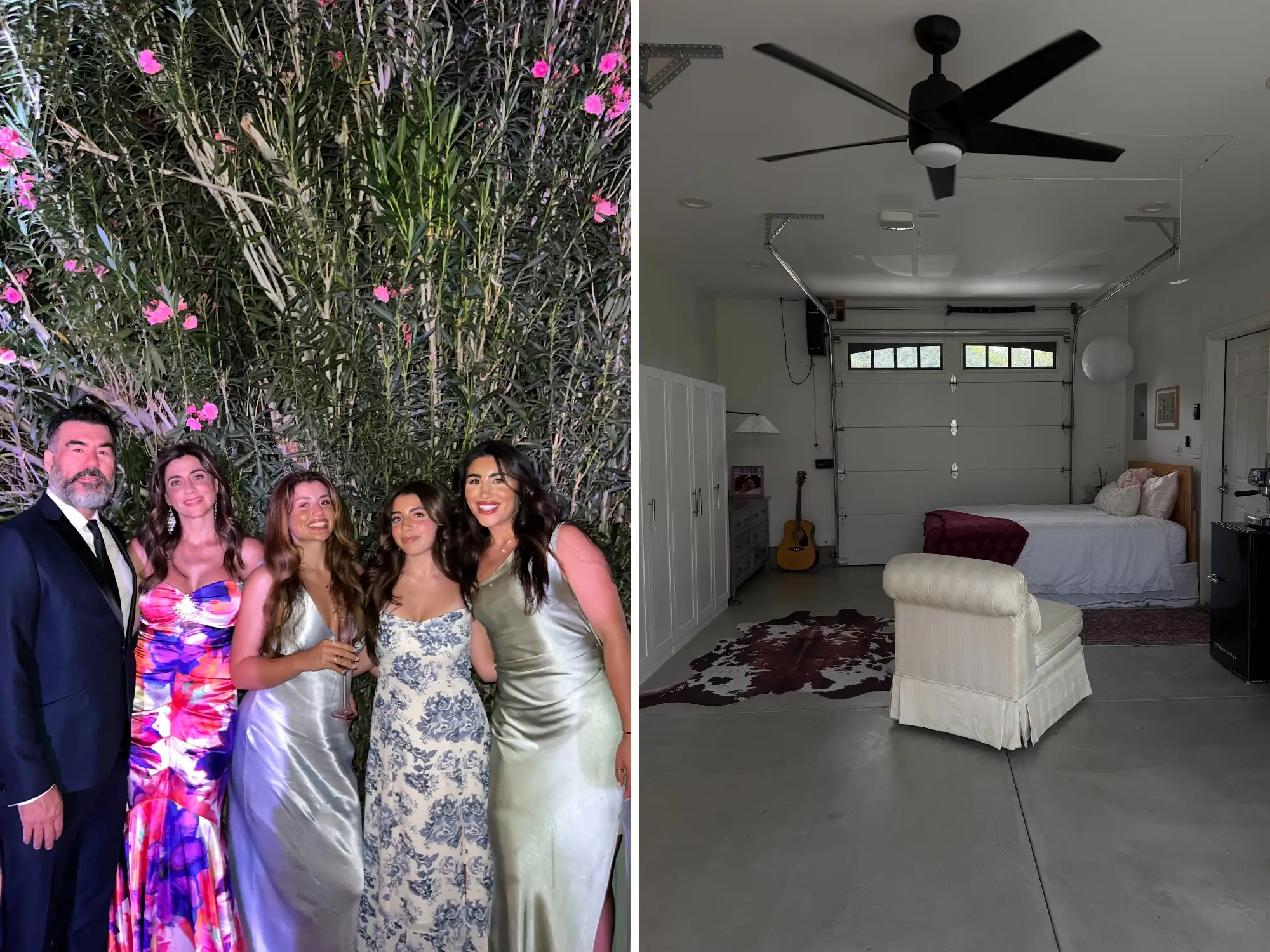 A side-by-side of a family standing in front of greenery and a bedroom set up in a garage.