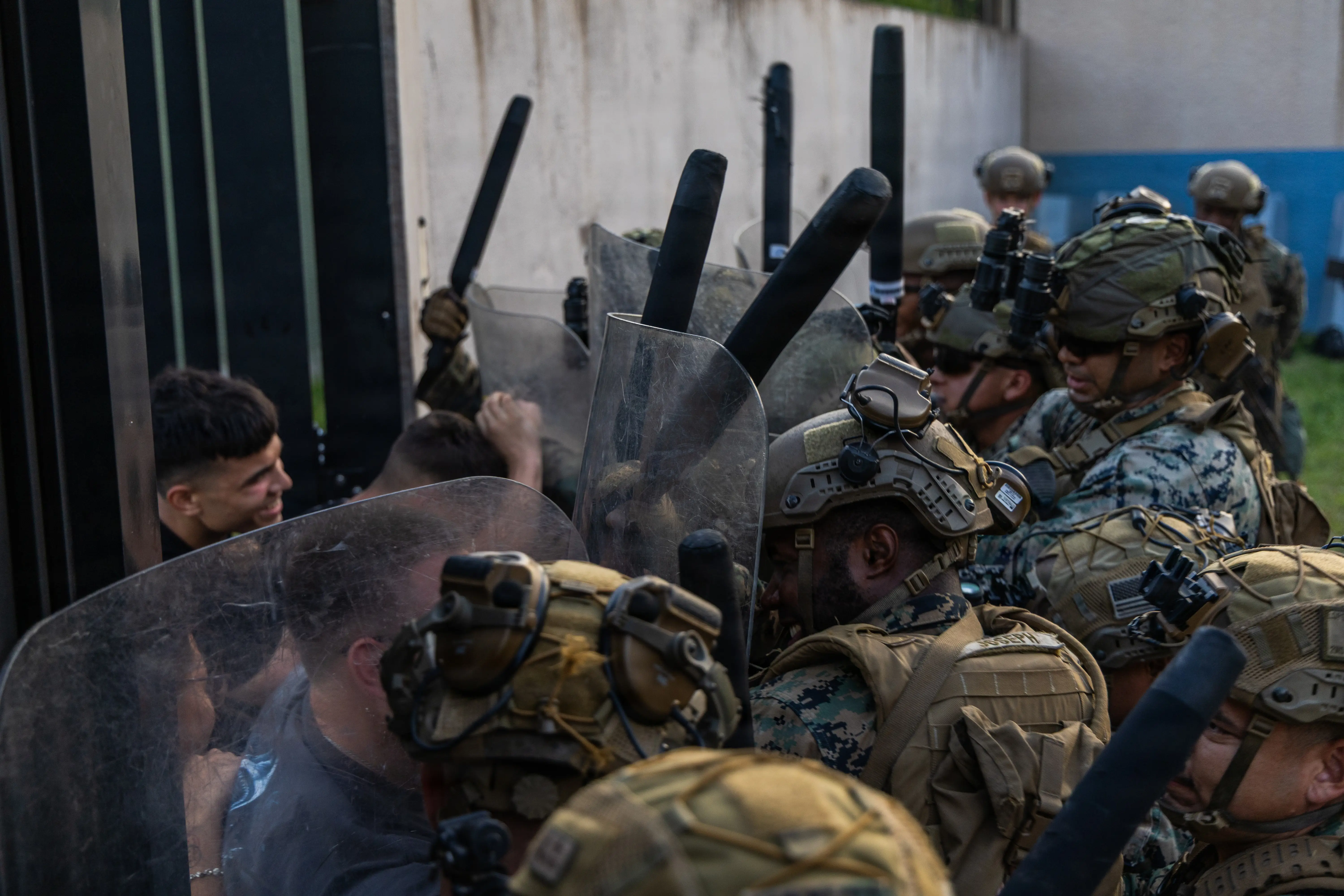 Marines with the 24th MEU train for the possibility of quelling protests at US embassies when they deploy, at Camp Lejeune, North Carolina, April 14, 2026.