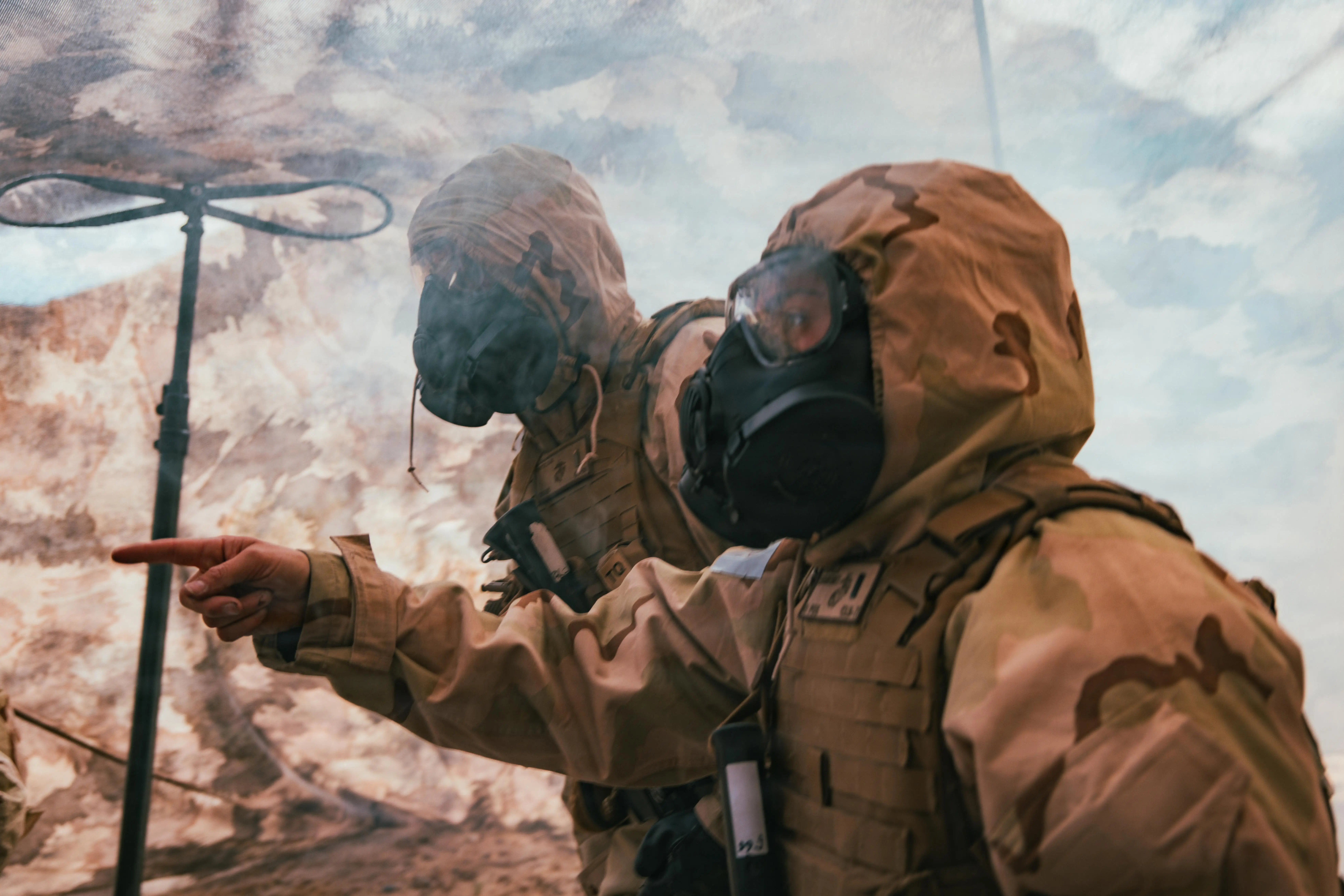 Logistics Marines respond to a simulated chemical attack during training at Twentynine Palms, California, Jan. 22, 2026.