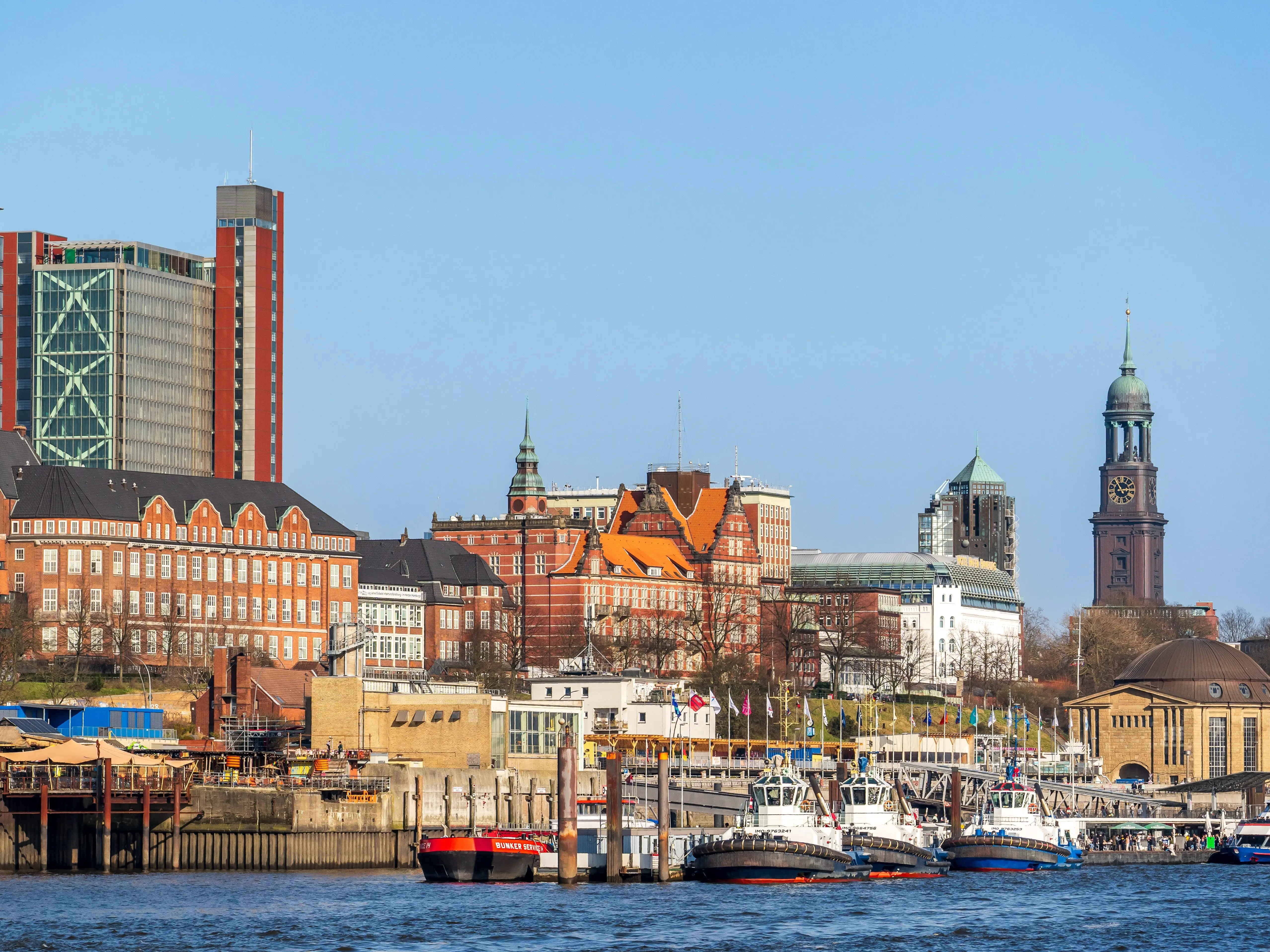 Buildings on a waterway in Hamburg, Germany.