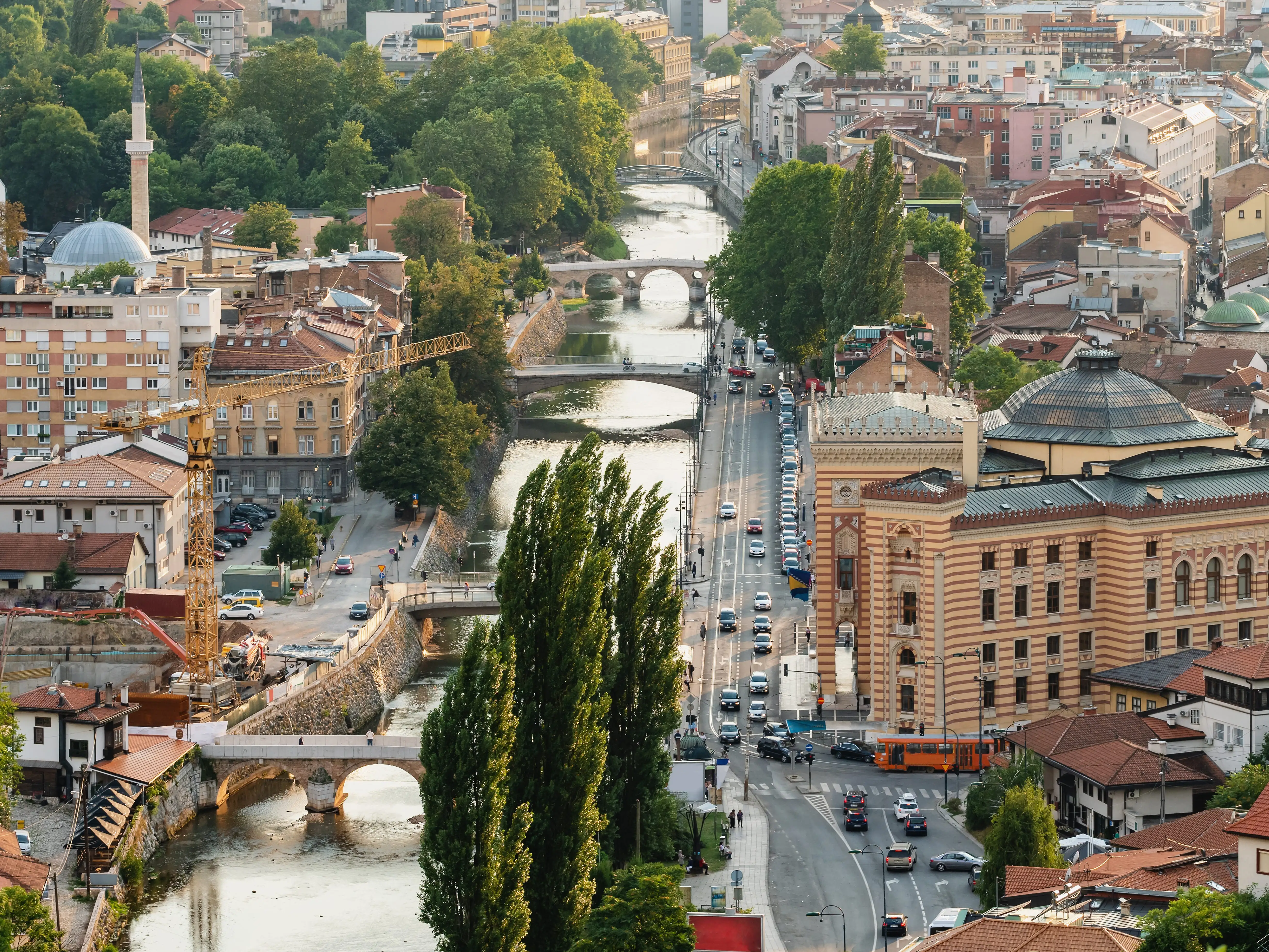 Buildings on a river in Sarajevo, Bosnia and Herzegovina