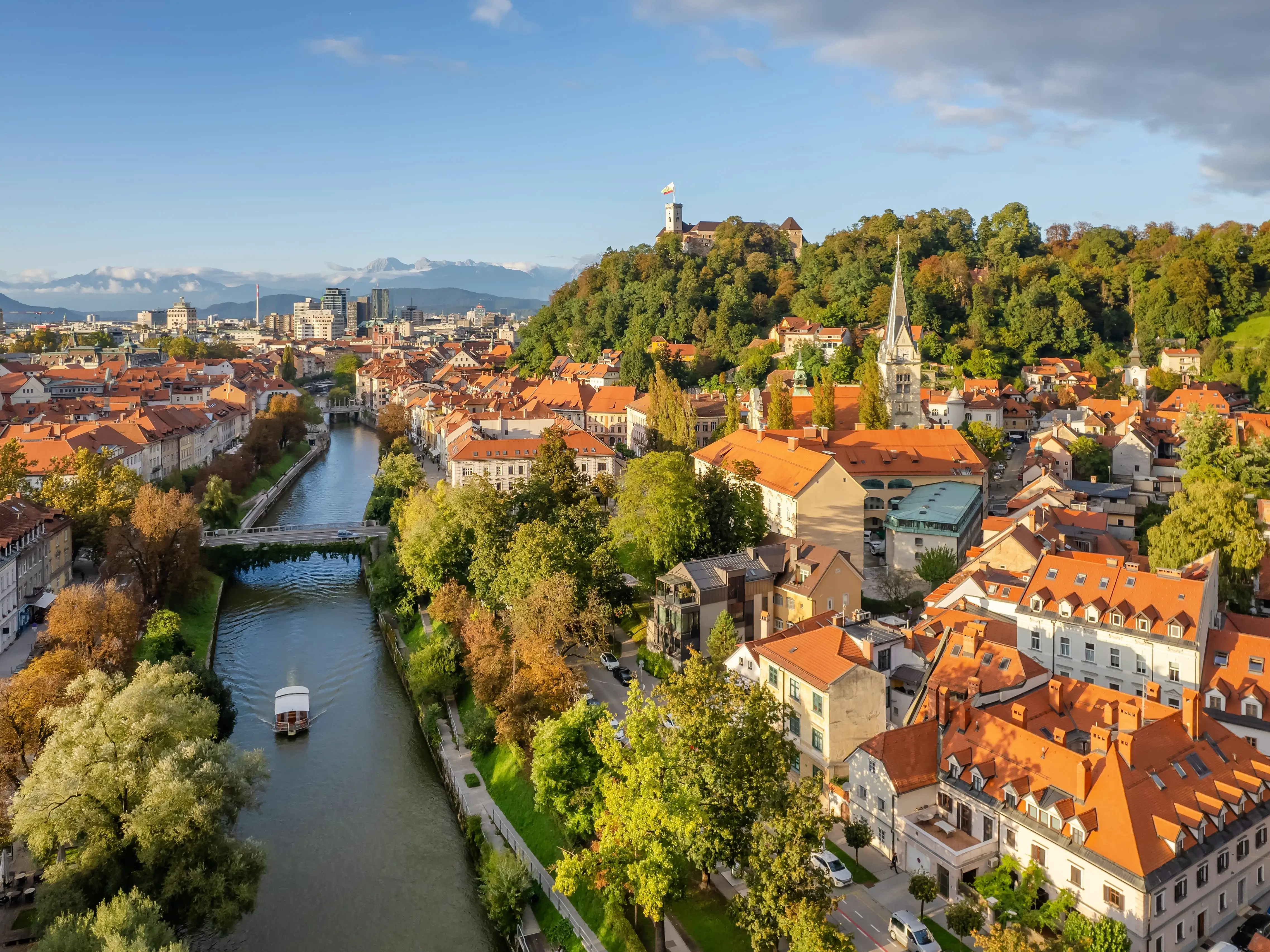 Houses on a river in Ljubljana, Slovenia.