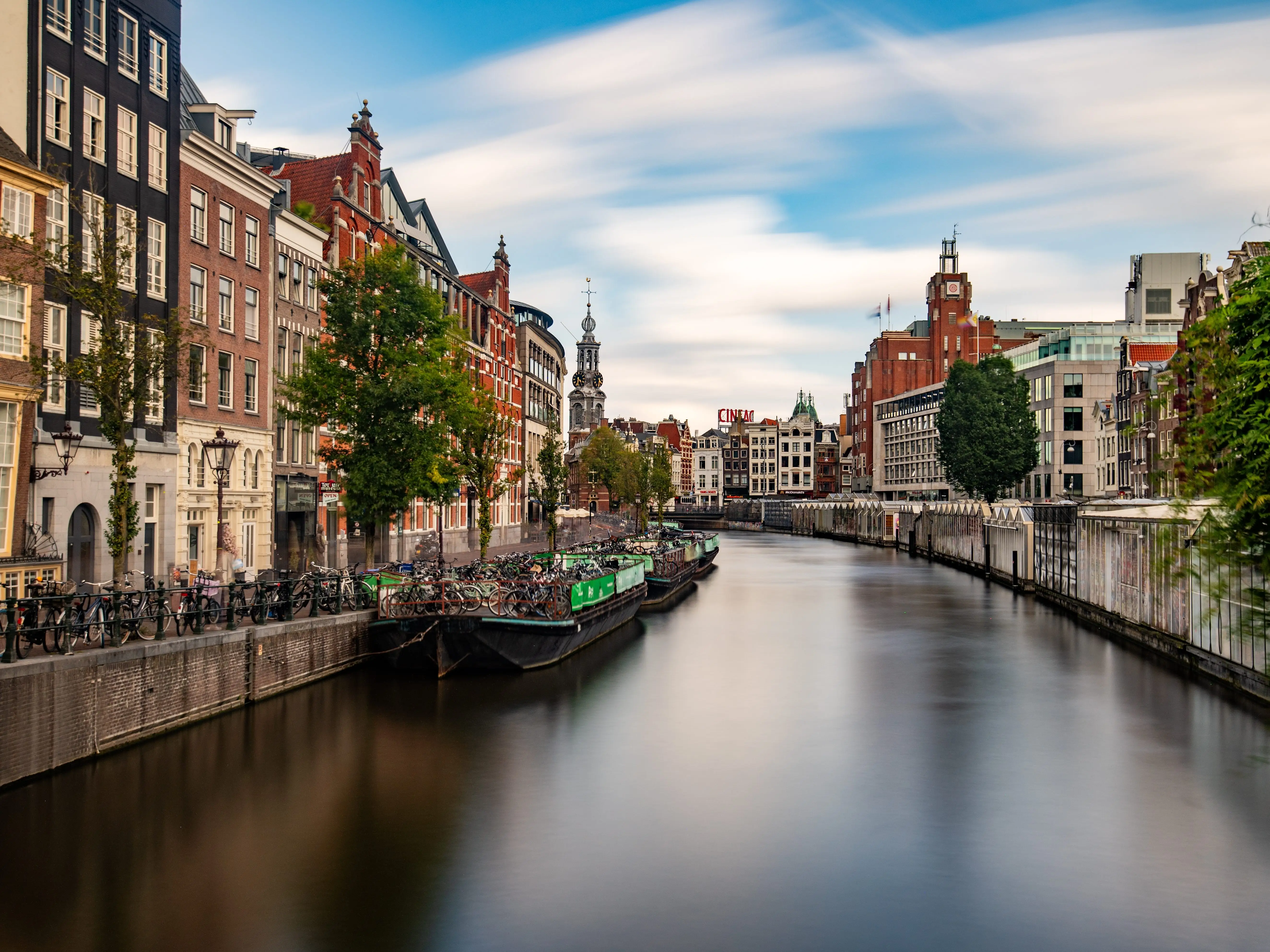 Buildings on a waterway in Amsterdam, Netherlands.