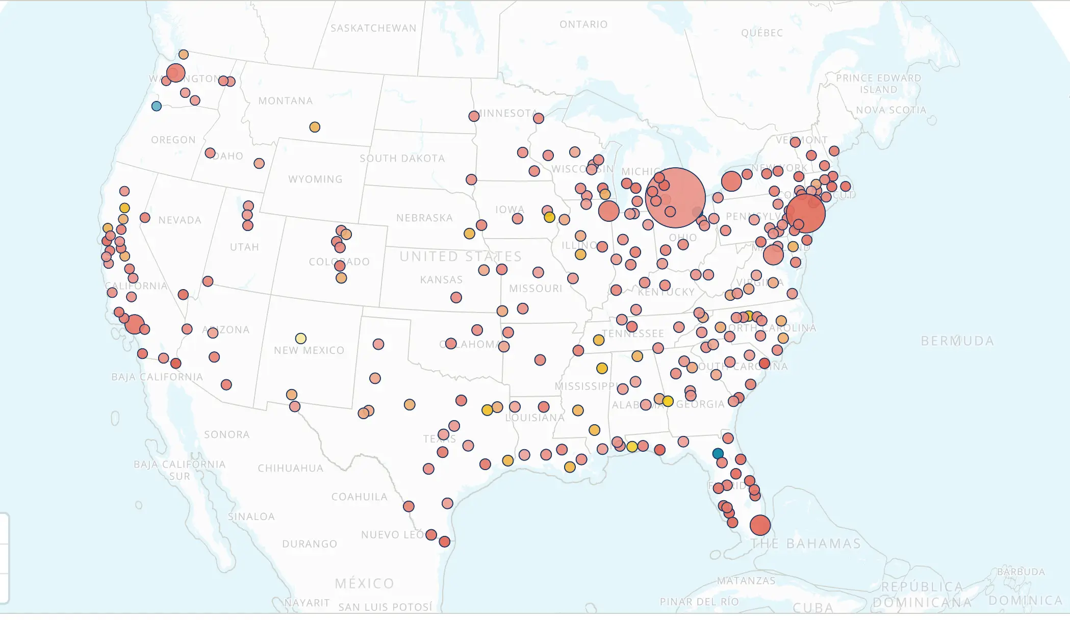 A visualization of the drop-off of Canadian tourism to US cities, based on cell phone data analysis from University of Toronto researchers.