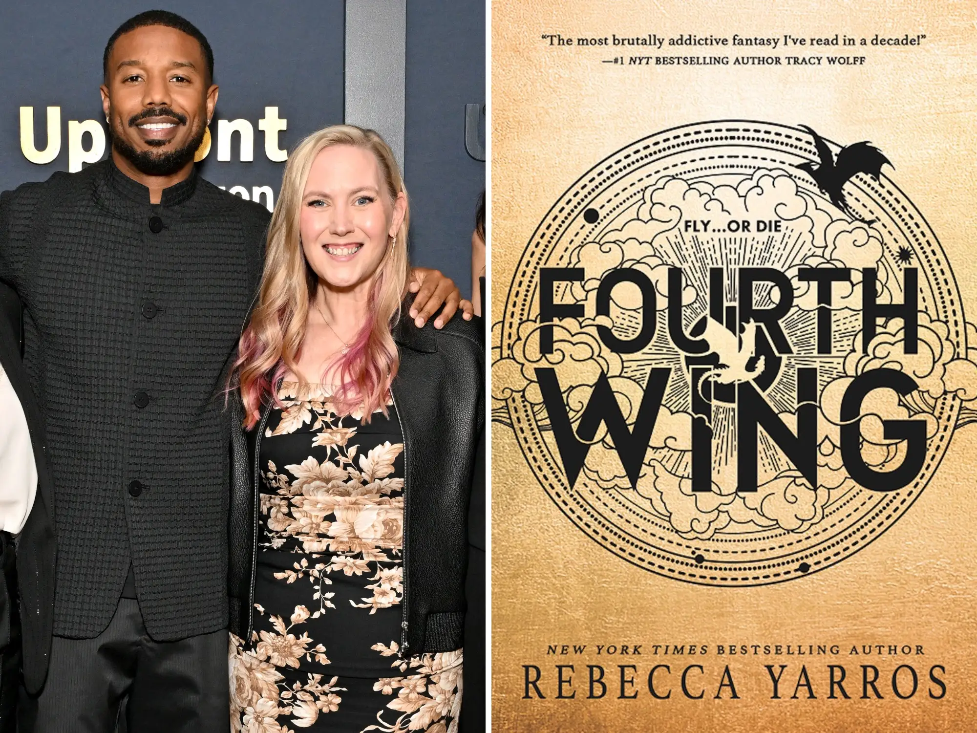A side-by-side of Michael B. Jordan and Rebecca Yarros and the cover of 