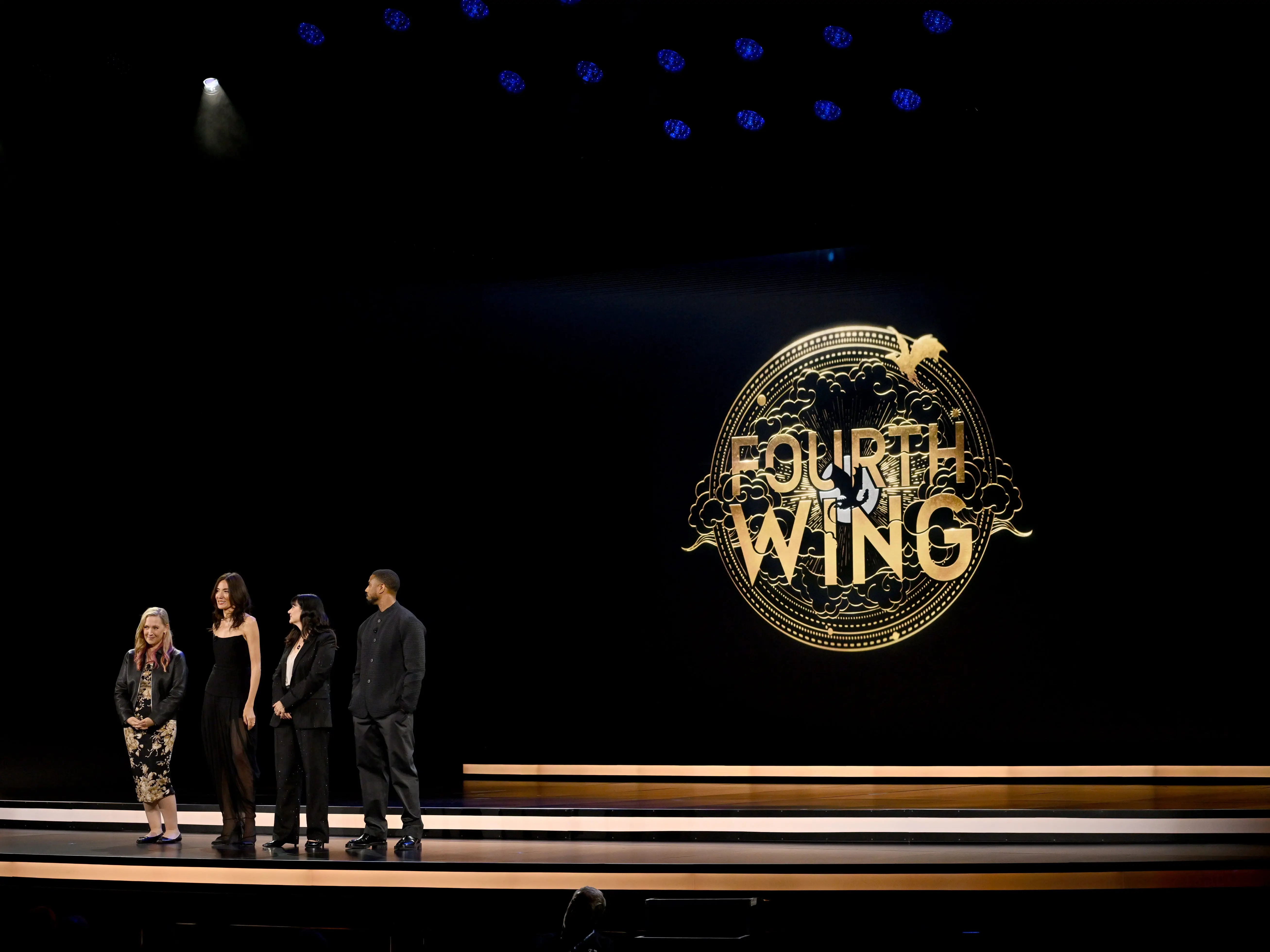 Rebecca Yarros, Lisa Joy, Meredith Averill, and Michael B. Jordan on stage at Amazon Upfront in May 2026.