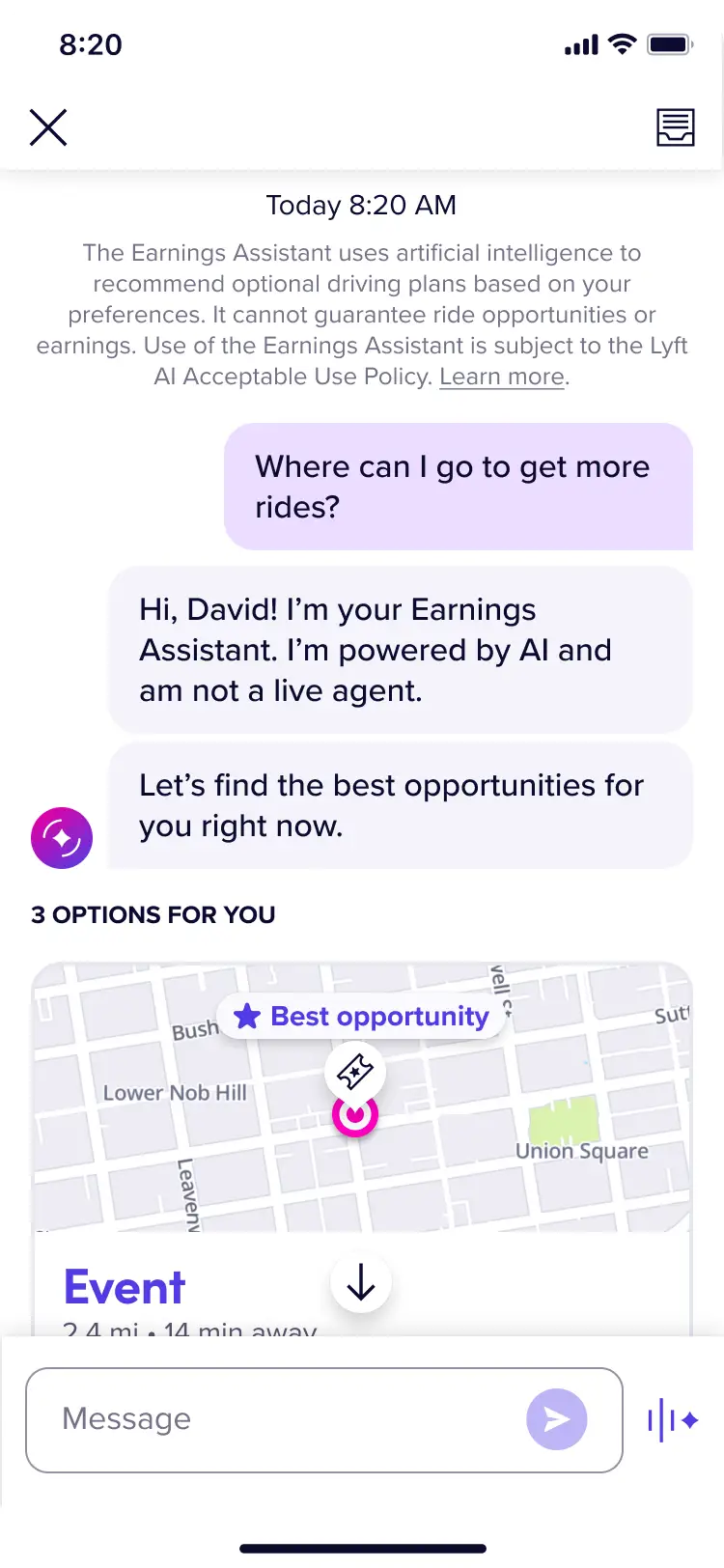 A screenshot shows Lyft's Earnings Assistant feature