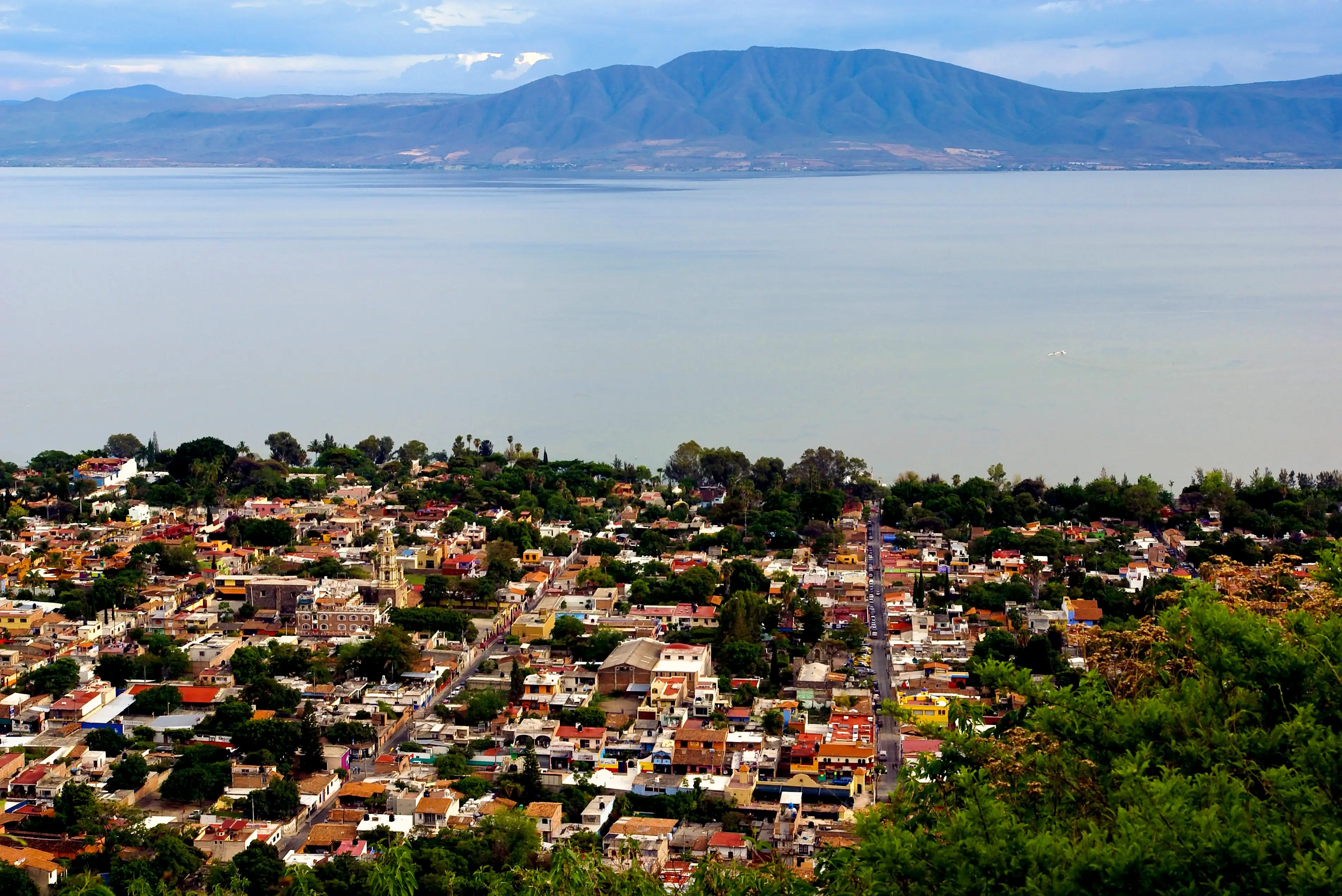View of Ajijic village and the mountains on the north shore of Lago de Chapala, Jalisco, Mexico