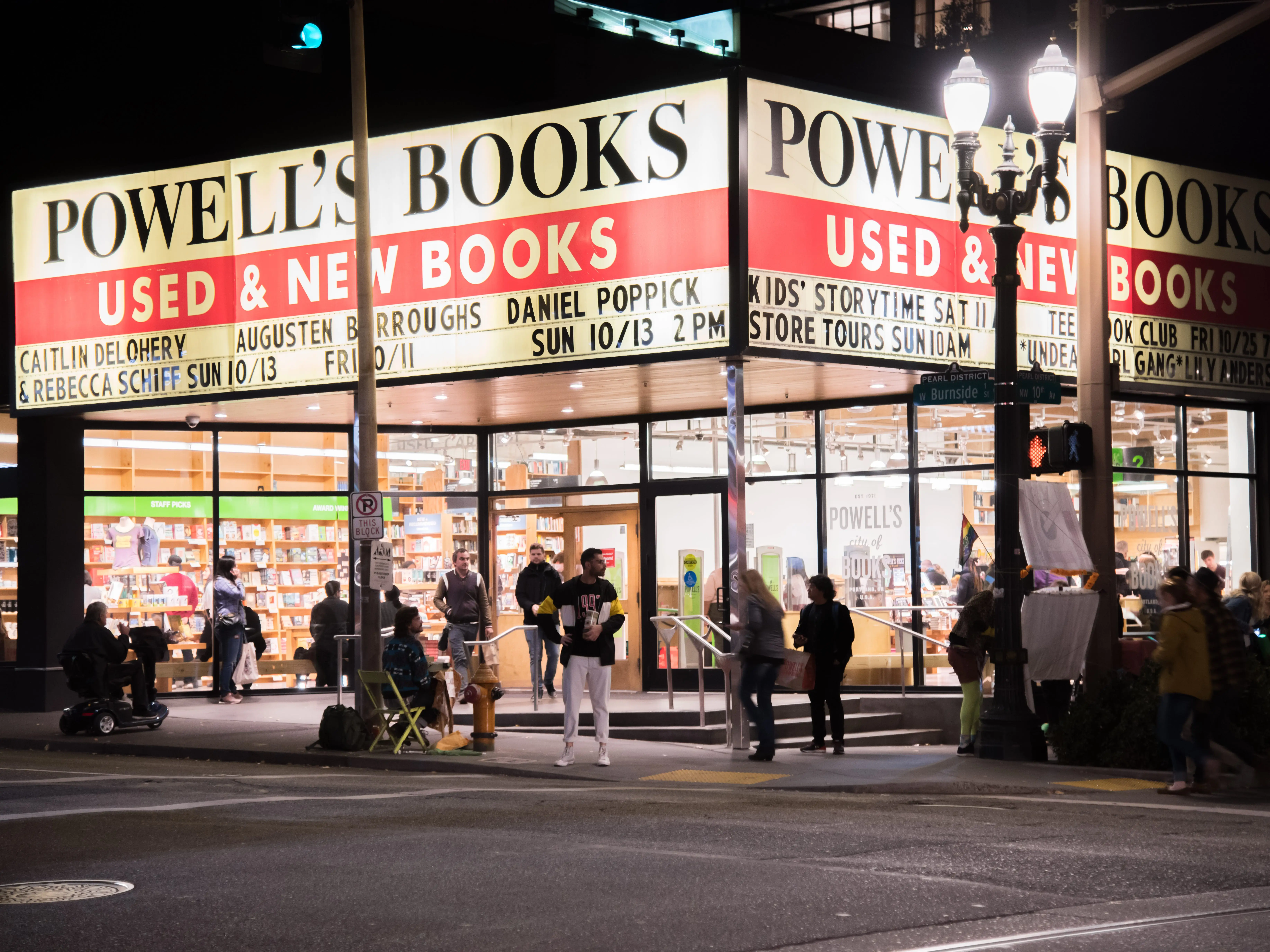 Illuminated sign for Powell's Books in Portland, Oregon.