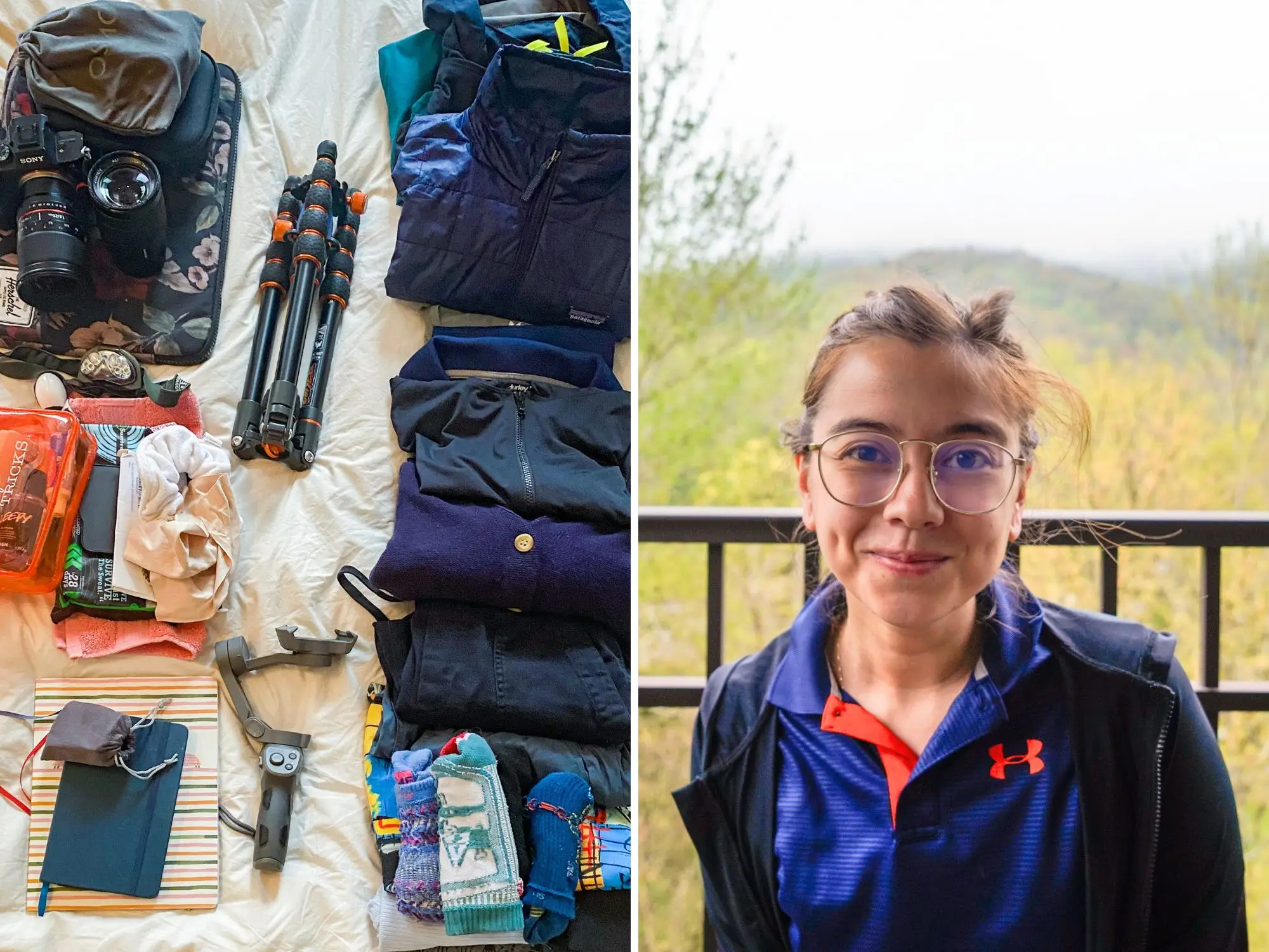 A composite image of a white sheet behind everything the author packed: toiletries, books, clothing and tech gear, and the author smiling in front of a mountain on a foggy day