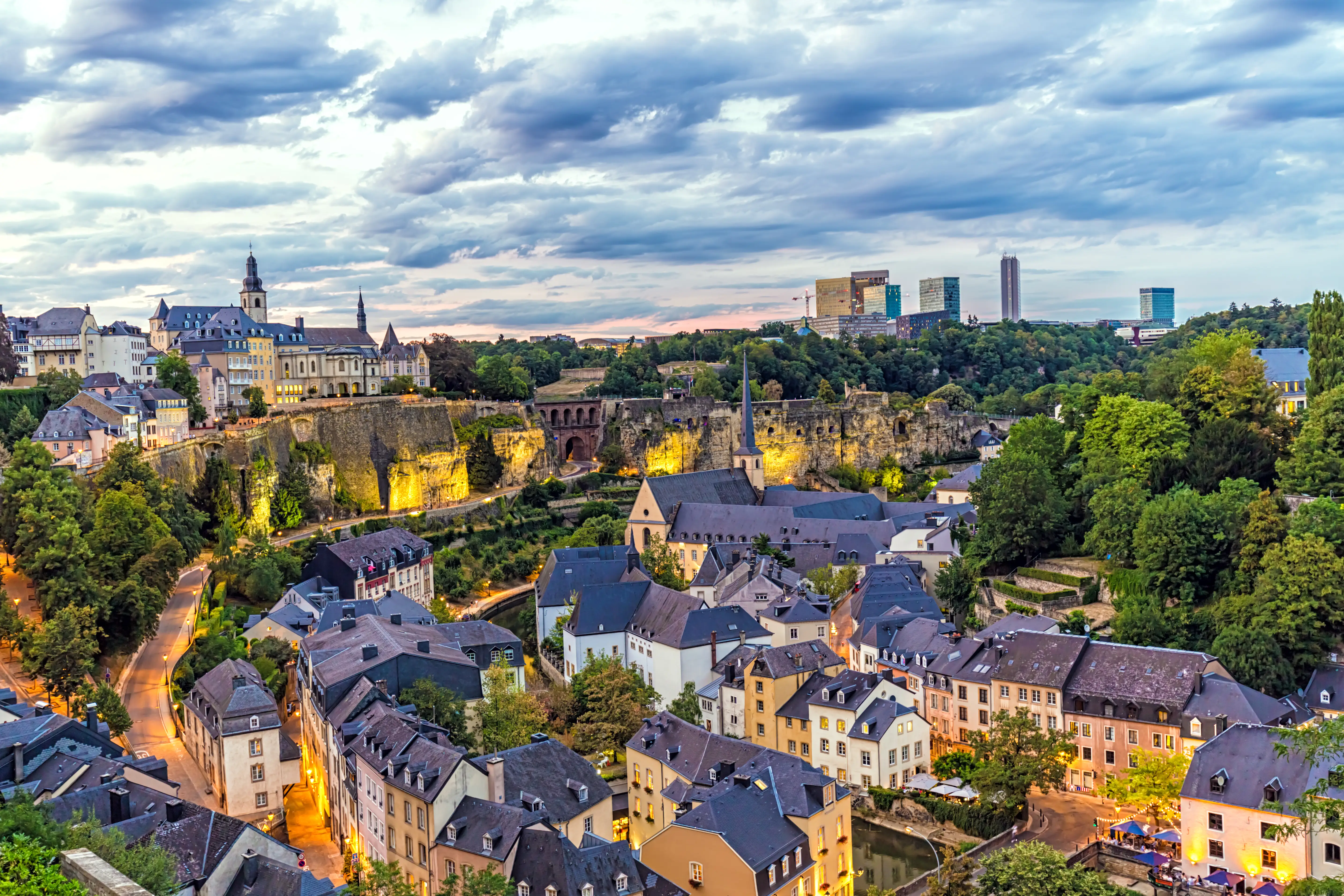 An overview of Luxembourg at sunset.