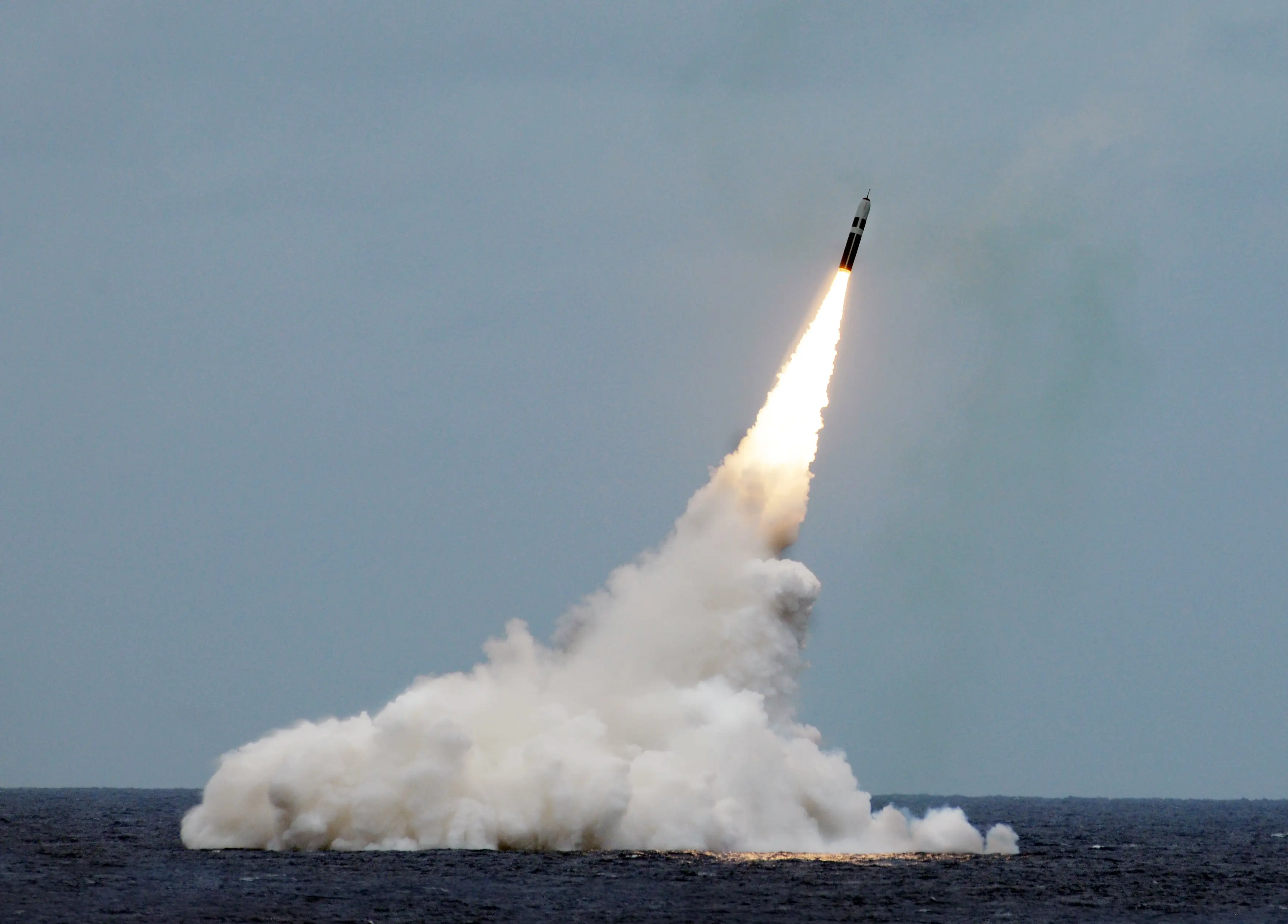A Trident II D5 missile launched from an Ohio-class ballistic missile submarine during a test launch in 2019.