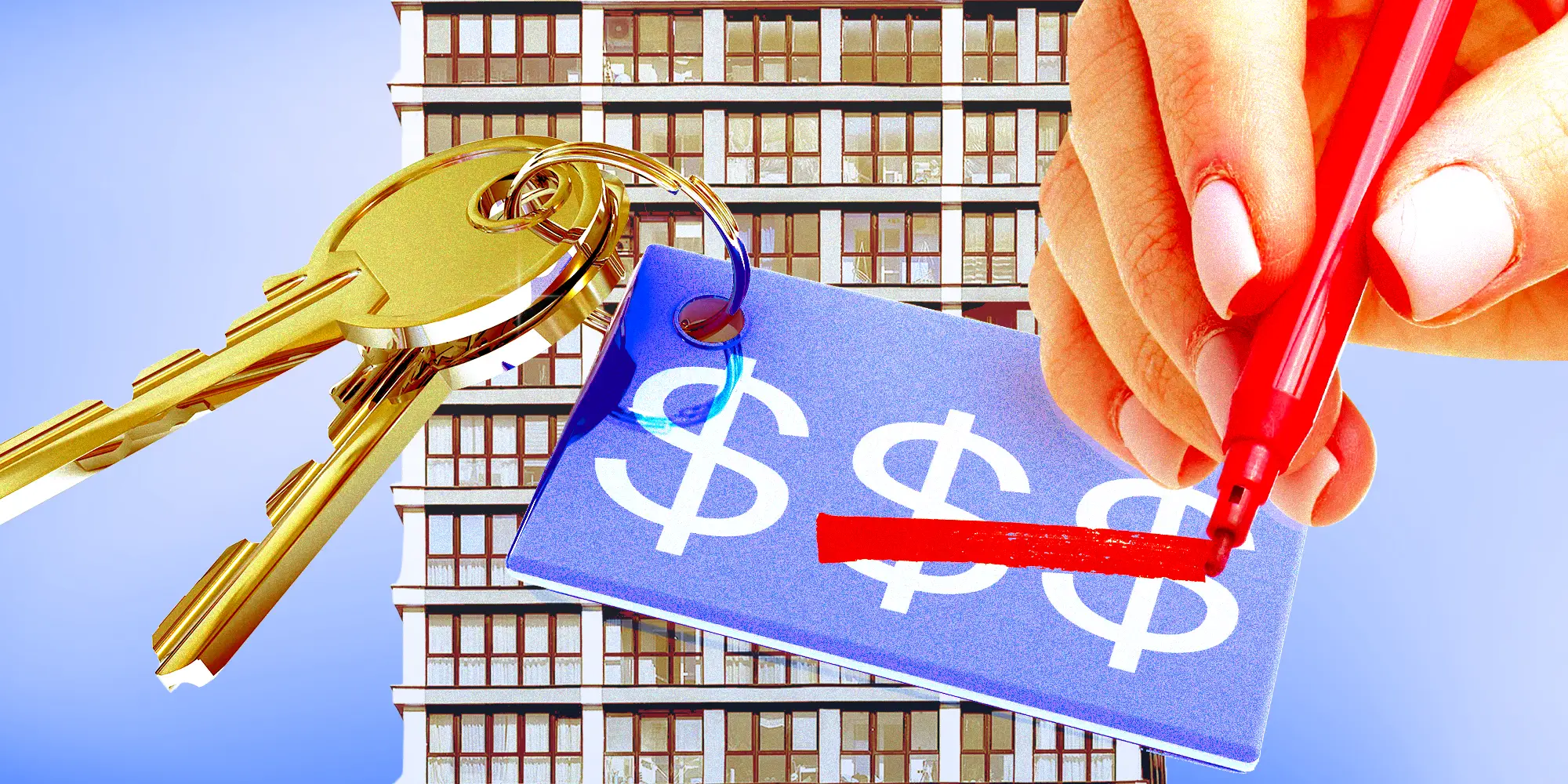 Apartment key on a keyring with three dollar signs; a hand crosses out two of the three signs.