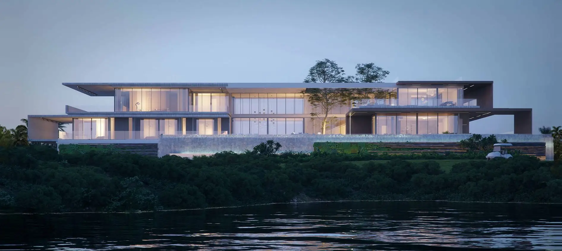 A rendering of a waterfront luxury home.