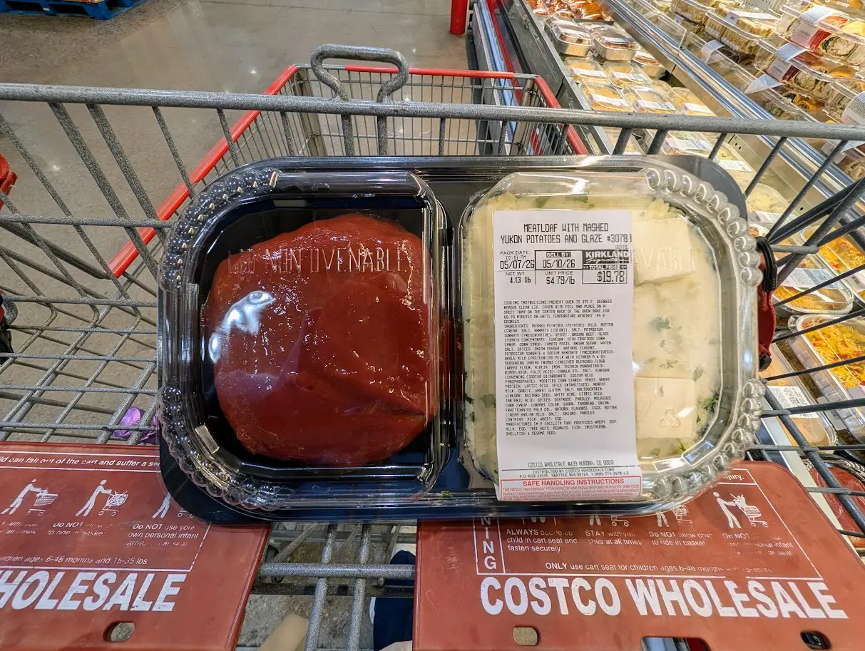 Kirkland Signature meatloaf and mashed potatoes in Costco cart