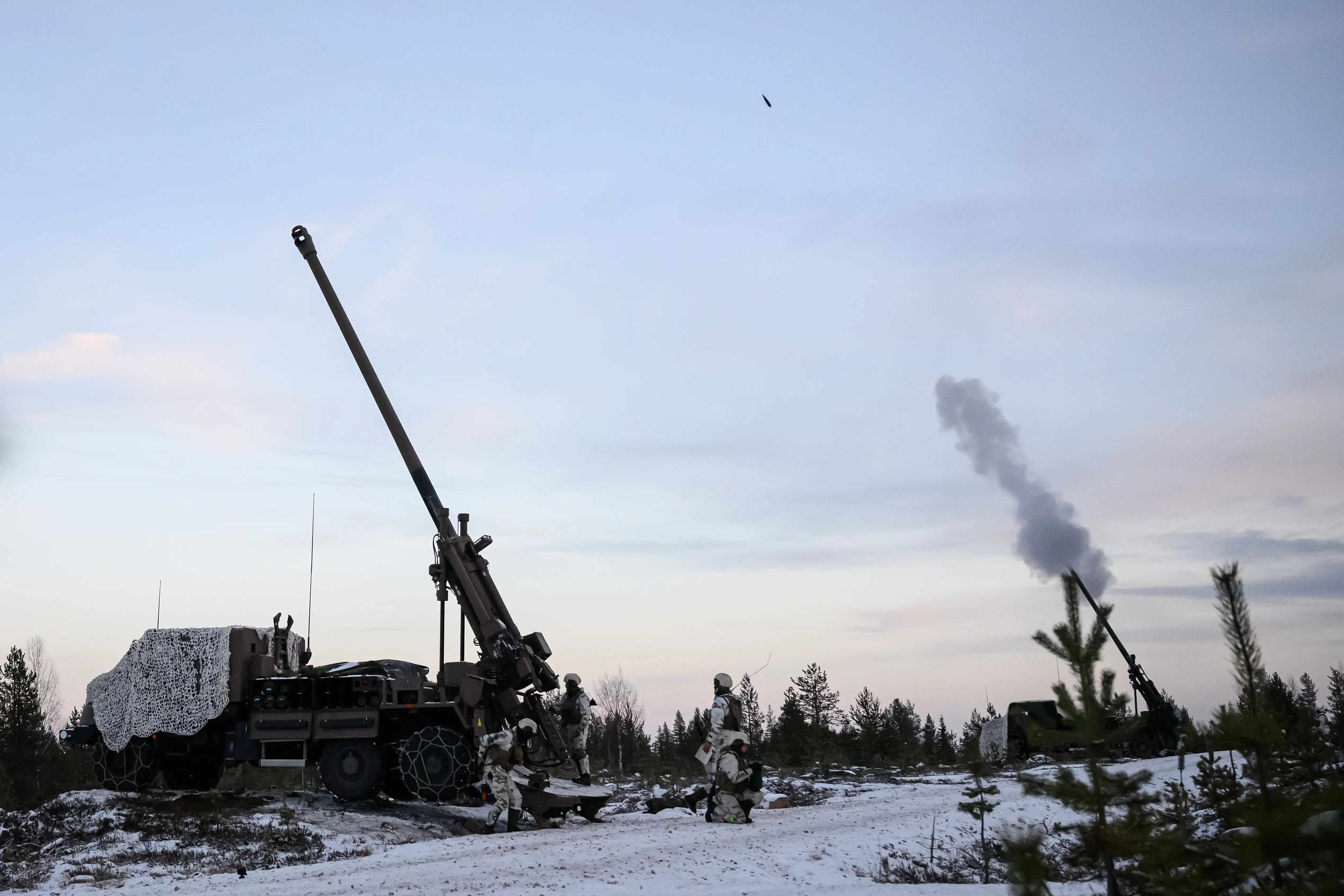Caesar mobile Howitzers fire in Finland.