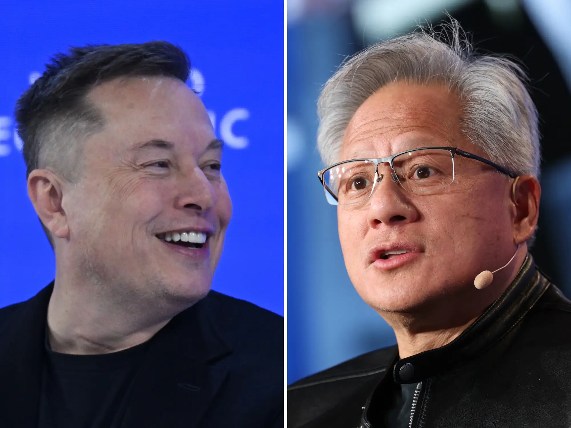 A collage of Elon Musk delivers a speech during the World Economic Forum Annual Meeting in Davos, Switzerland, and Jensen Huang, speaks during the 29th annual Milken Institute Global Conference