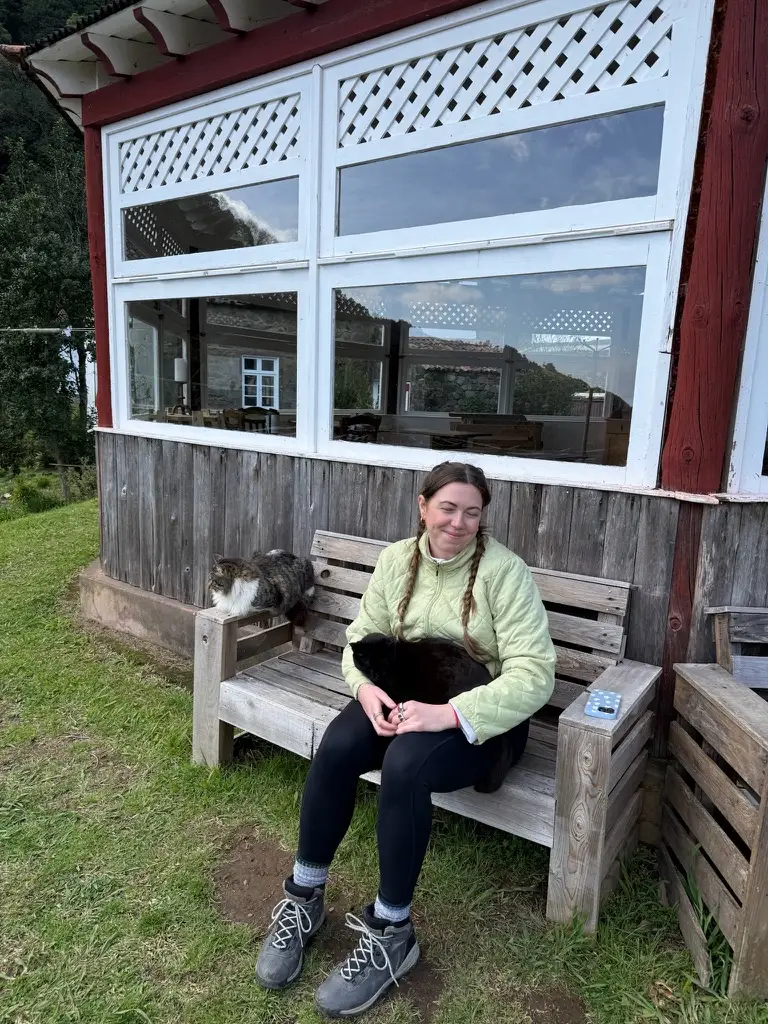 Lily Voss on a hike in the Azores, sitting with cats in her lap