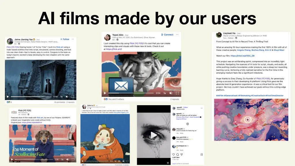 AI films made by our users

(Contains screenshots of social posts and example AI-generated films.)

Visible excerpts include:

