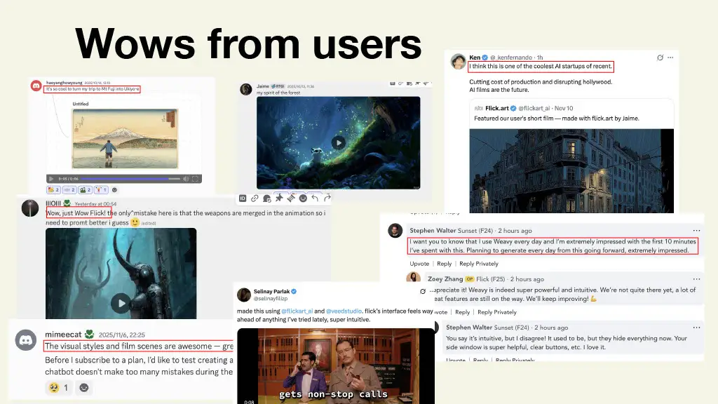 Wows from users

(Embedded screenshots/posts shown; most text too small to fully read clearly.)

Visible excerpts include:

