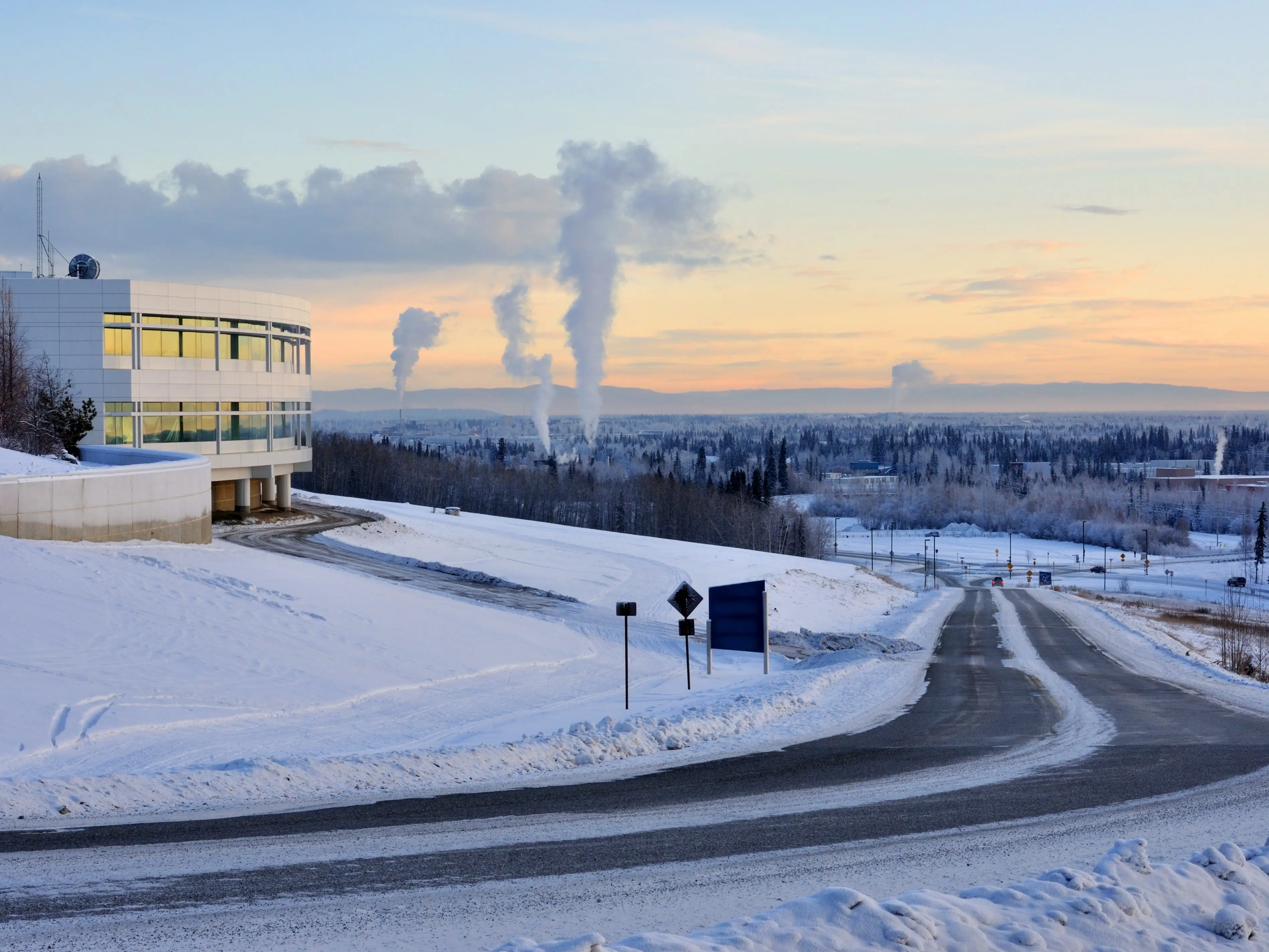 University of Alaska Fairbanks, and the city of Fairbanks in the winter at sunset