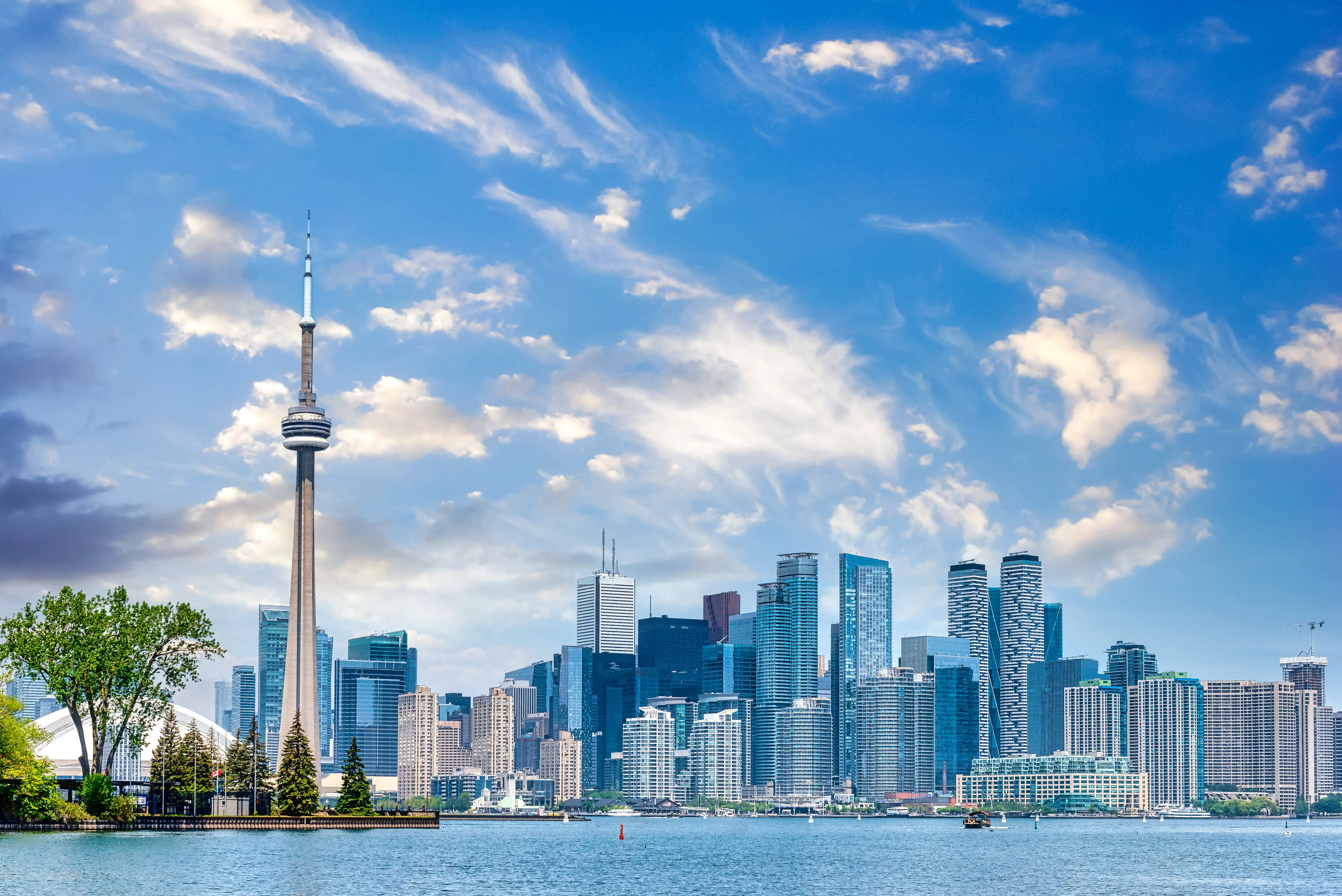 The Toronto city skyline from Lake Ontario, Canada.