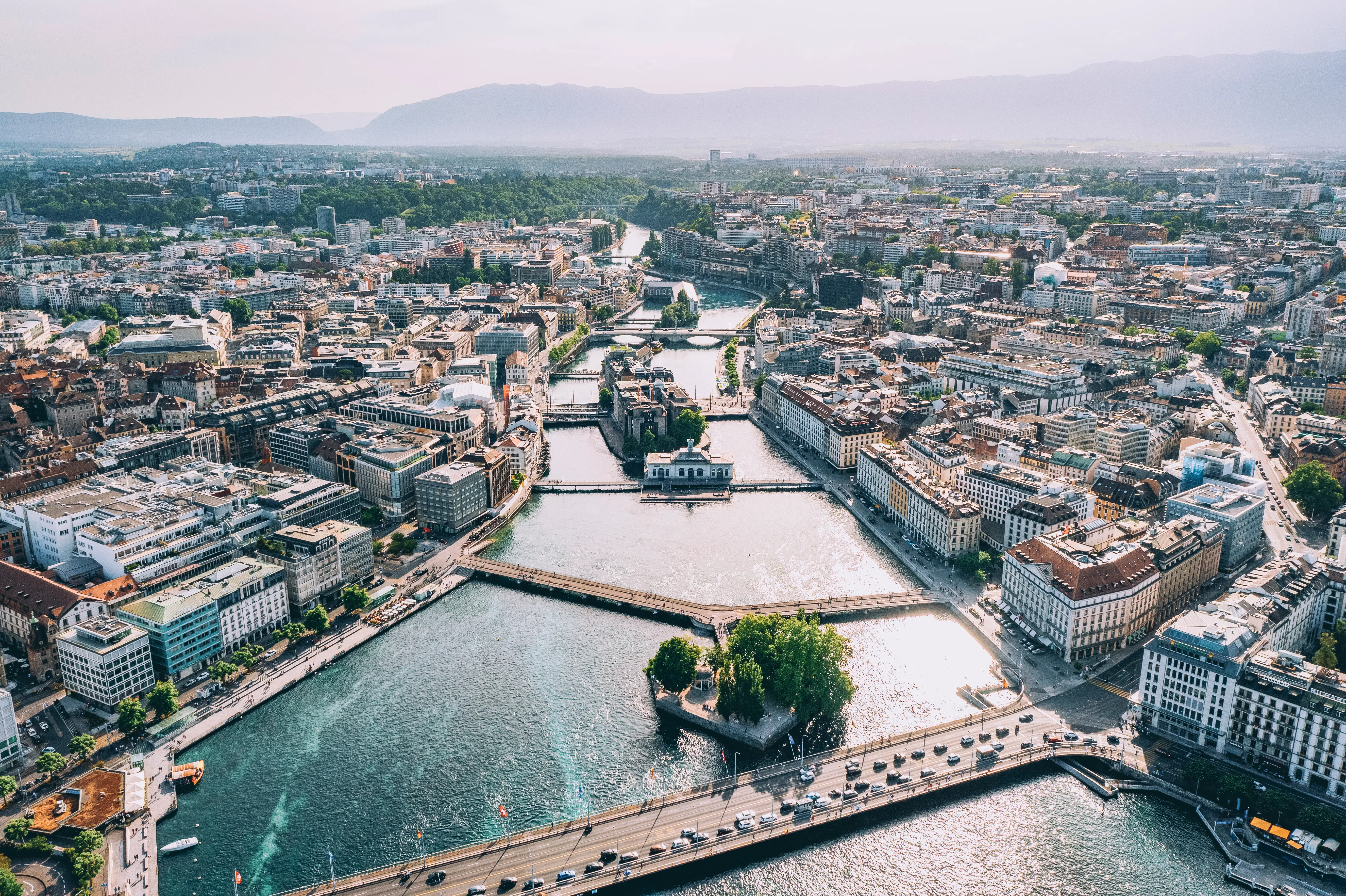 Aerial view of downtown Geneva in Switzerland.