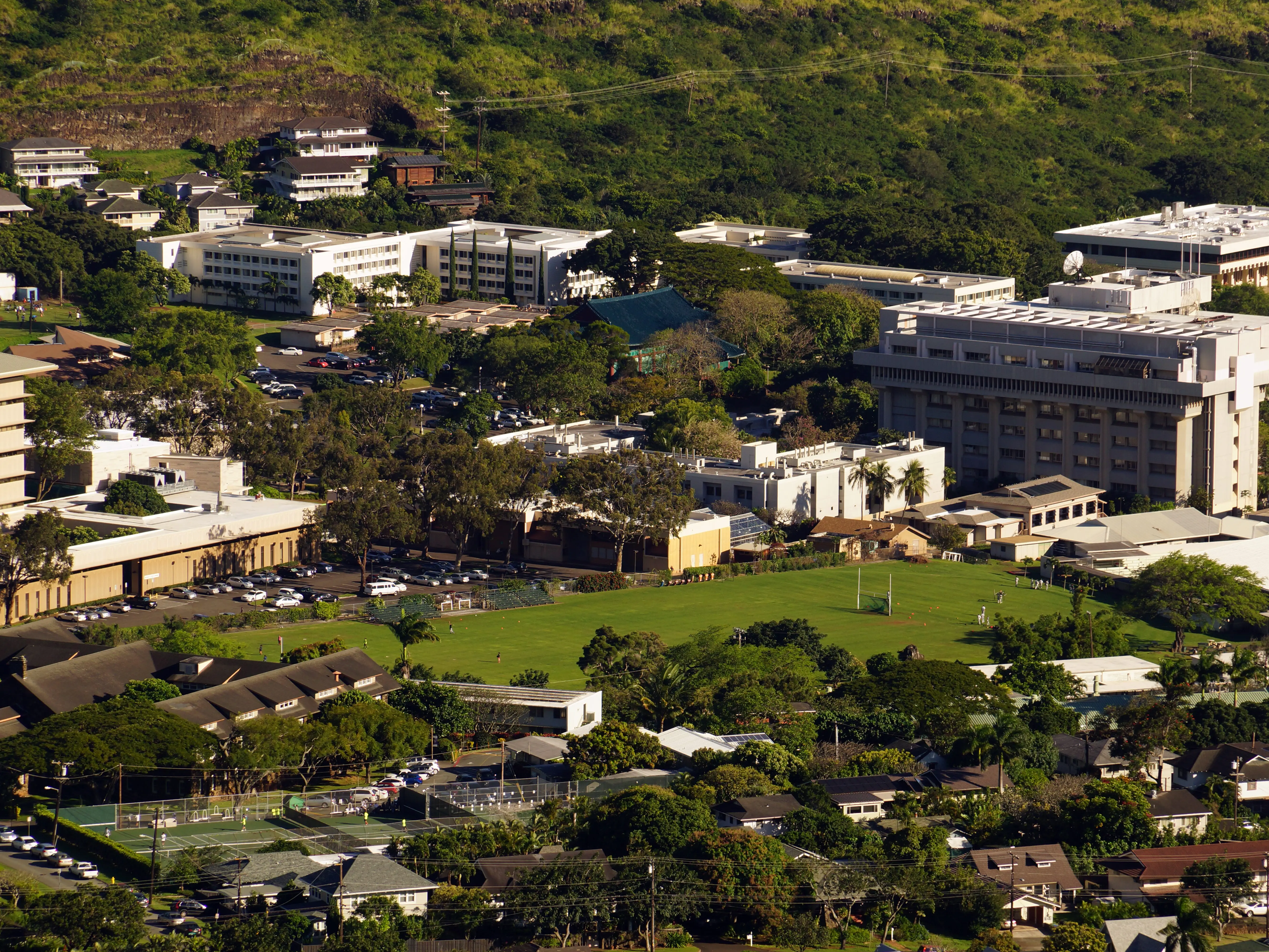 Honolulu - March 11, 2014: Aerial view of Landmark Mid Pacific institute, University of Hawaii, and surround neighborhood in Manoa in Honolulu, Hawaii.