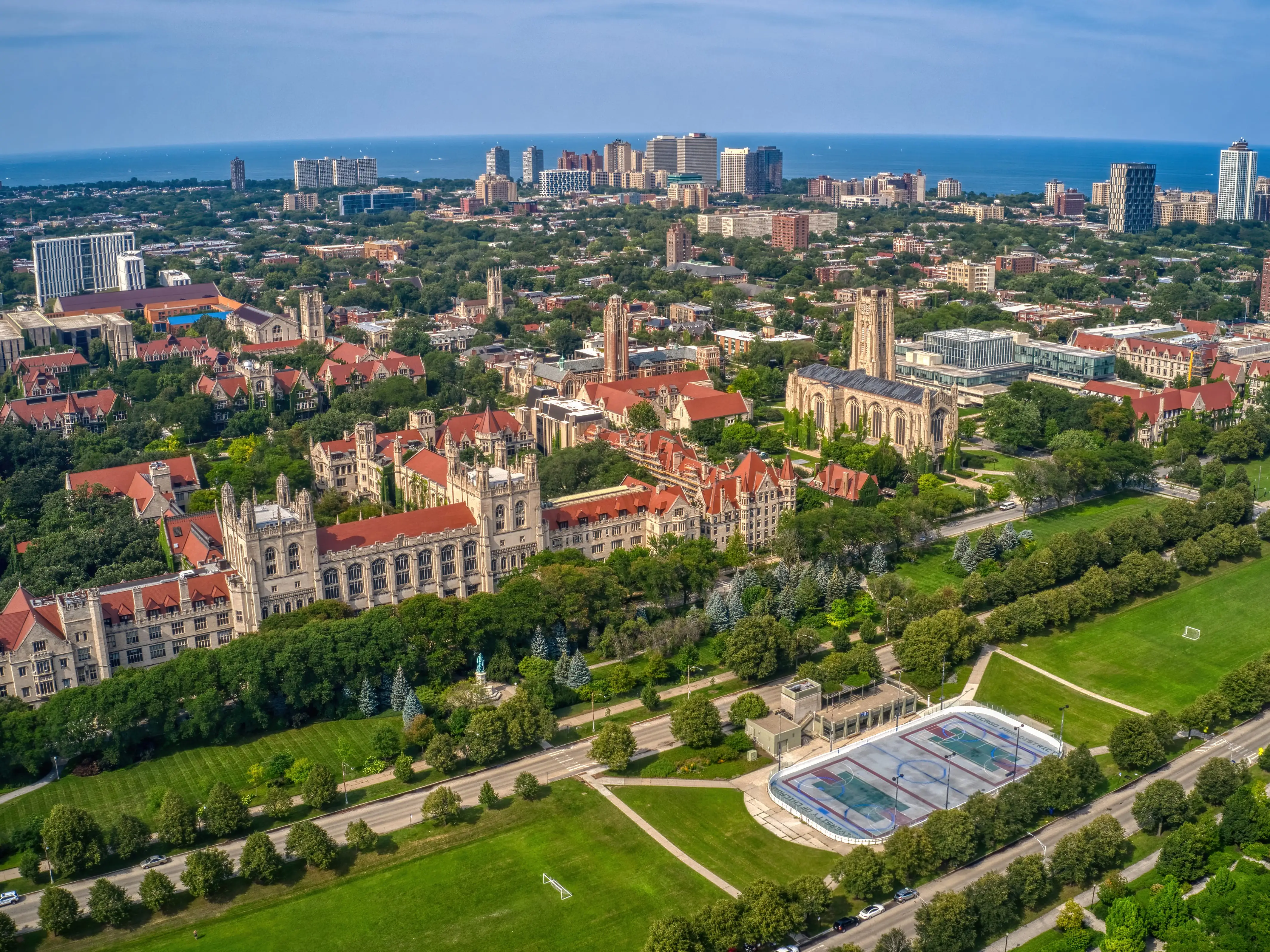 Aerial View of a large University in the Chicago Neighborhood of Hyde Park