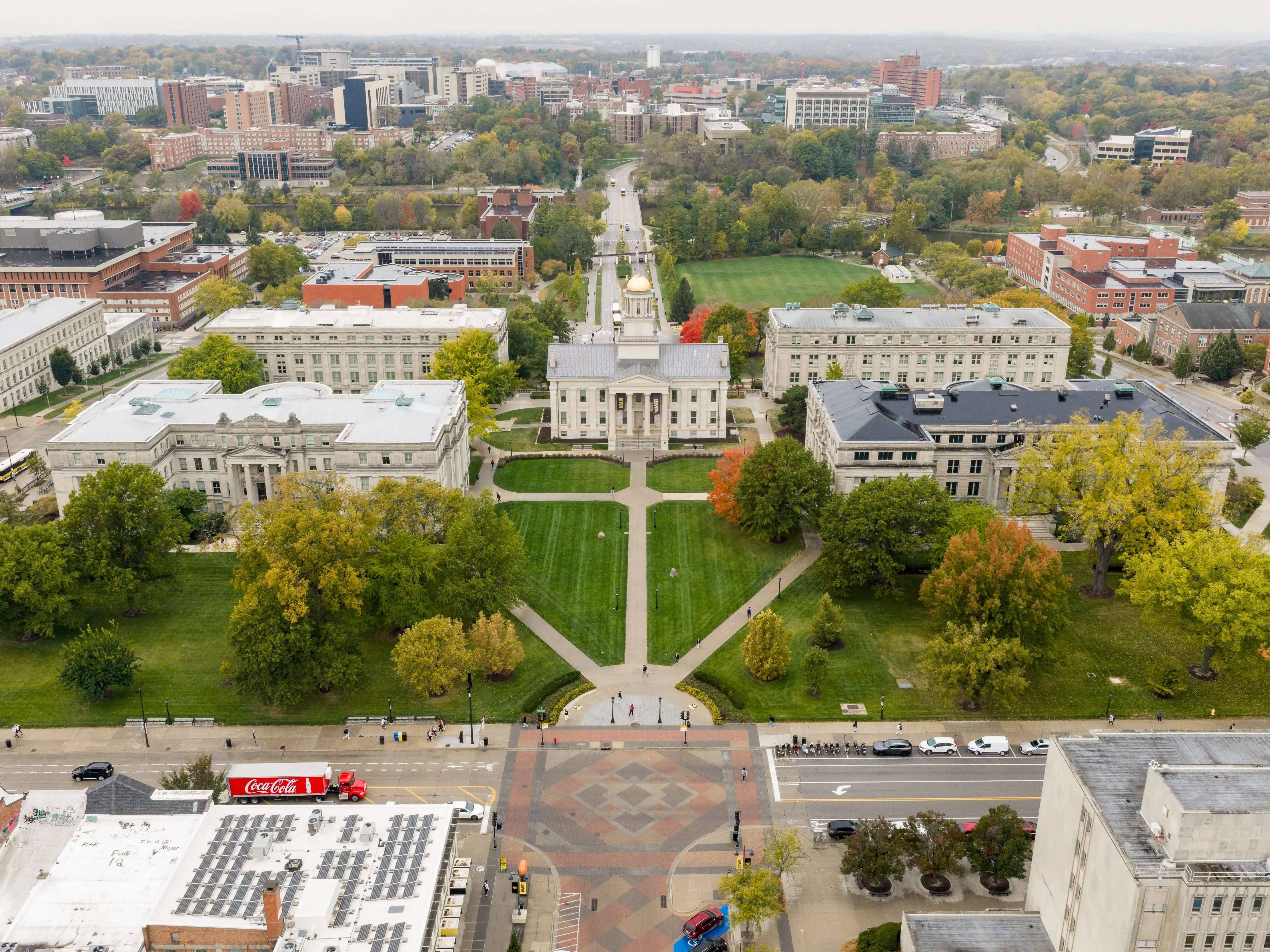 Iowa City, IA, USA - October 28, 2025: The University of Iowa is a public research university that was established in 1847 and the oldest and largest in Iowa. Aerial view.