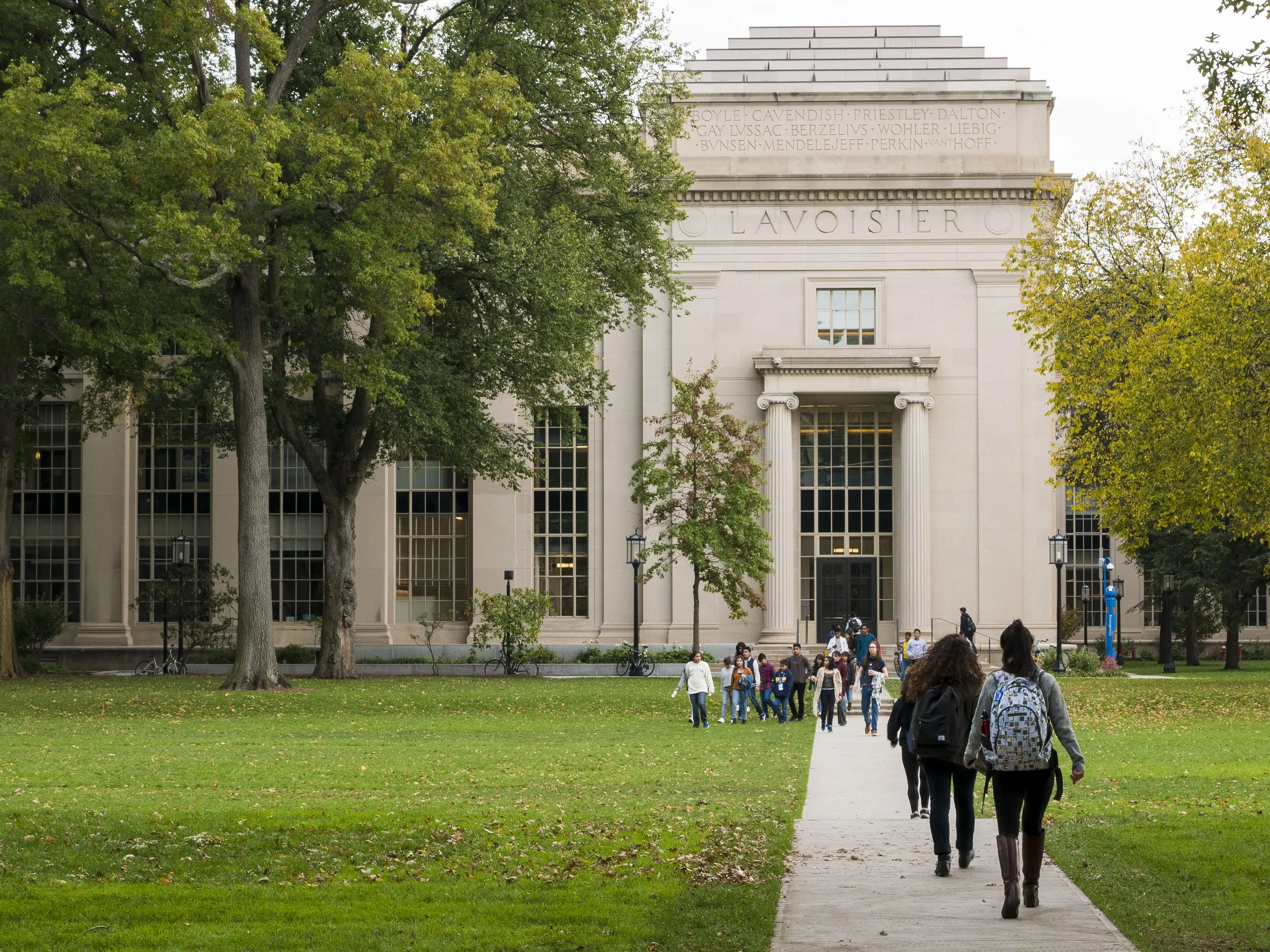 CAMBRIDGE, USA - The architecture of the Massachusetts Institute of Technology in Cambridge, Massachusetts, USA with some students passing by on November 1, 2017.