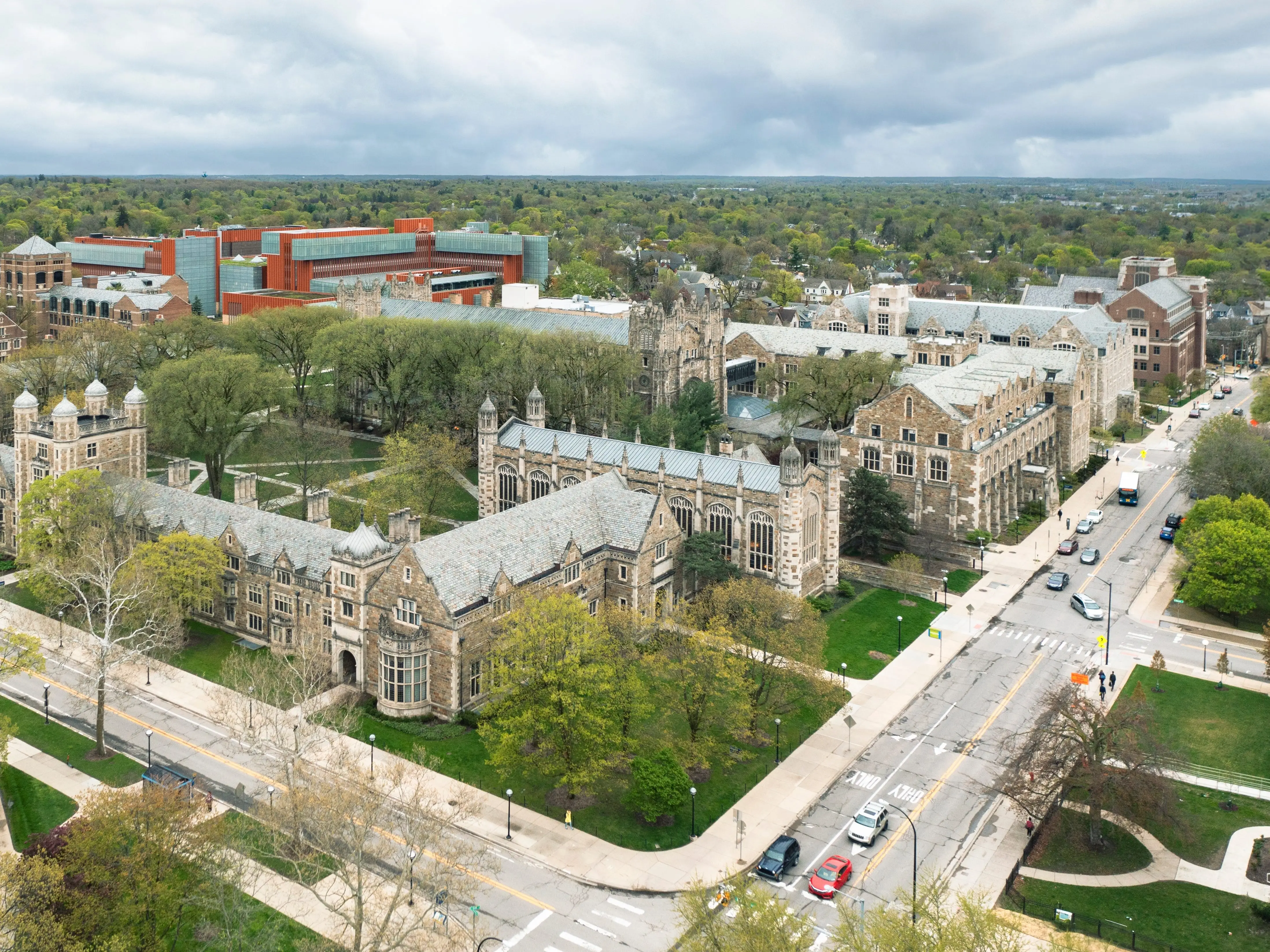 Aerial view of gothic style university buildings in Ann Arbor, part of the University of Michigan campus.
