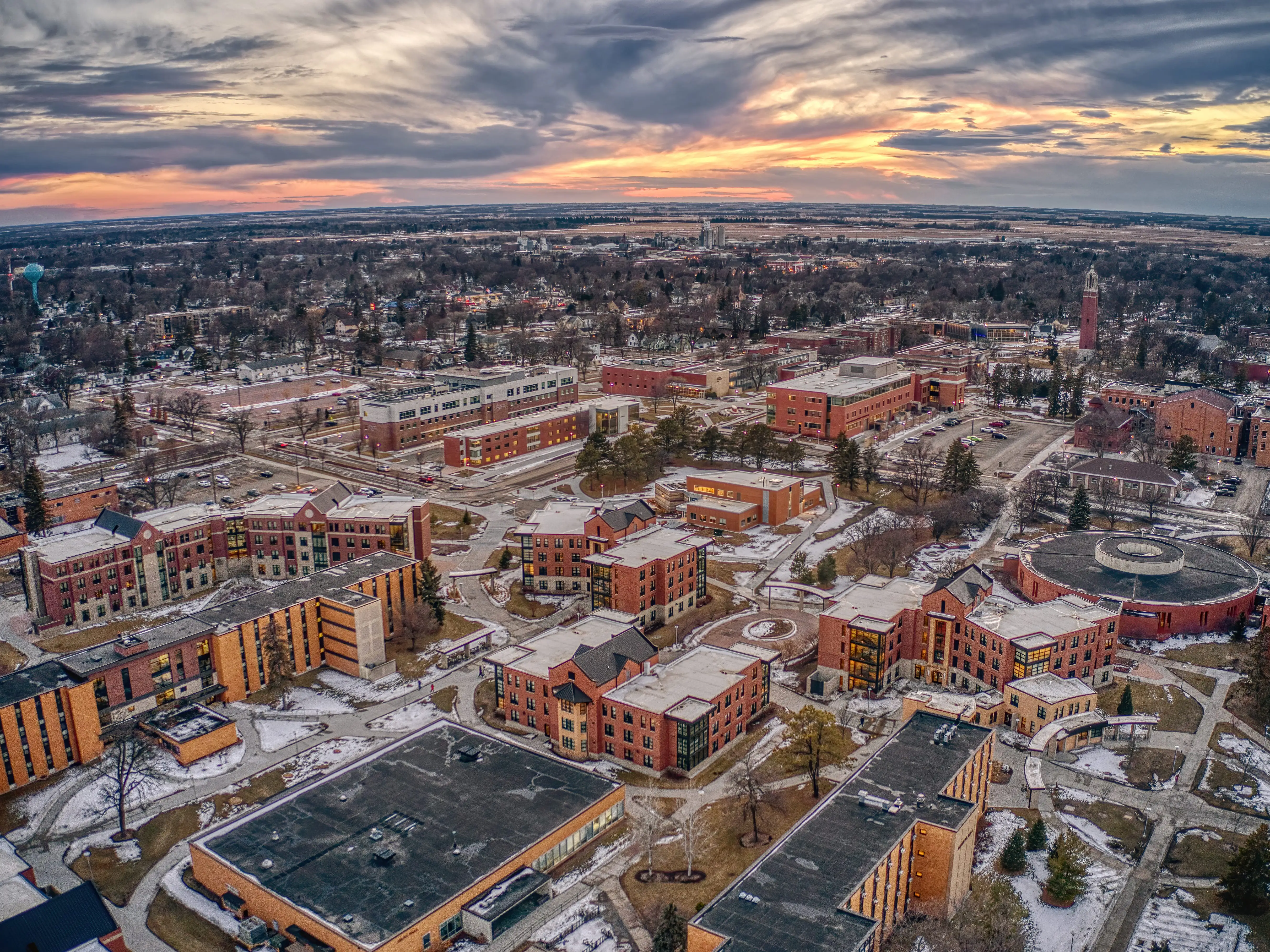 Aerial View of a University at Dusk in Brookings, South Dakota