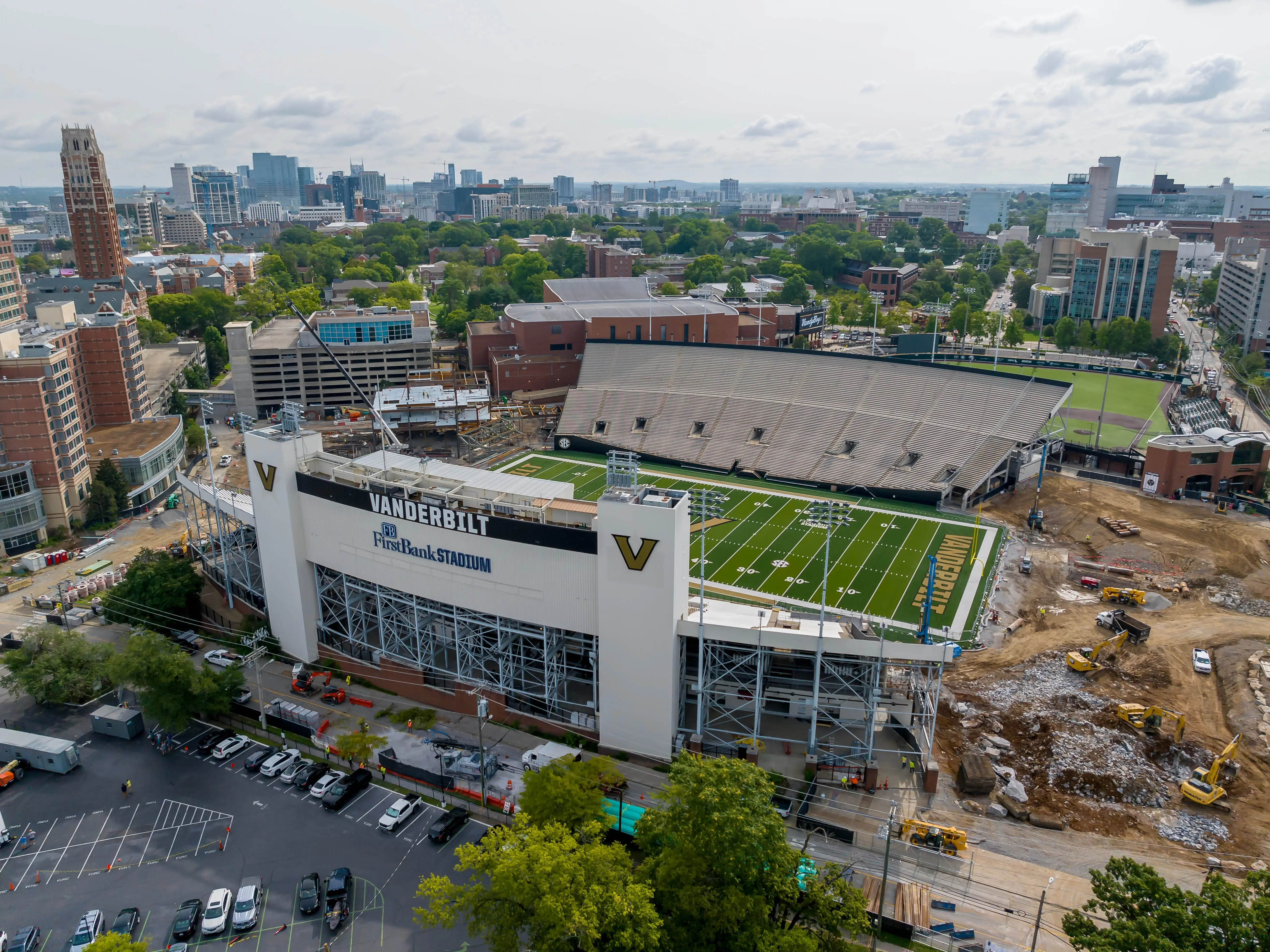 Aug 08, 2023-Nashville, TN:  Aerial view of First Bank Stadium on Vanderbilt University campus located in Nashville Tennessee
