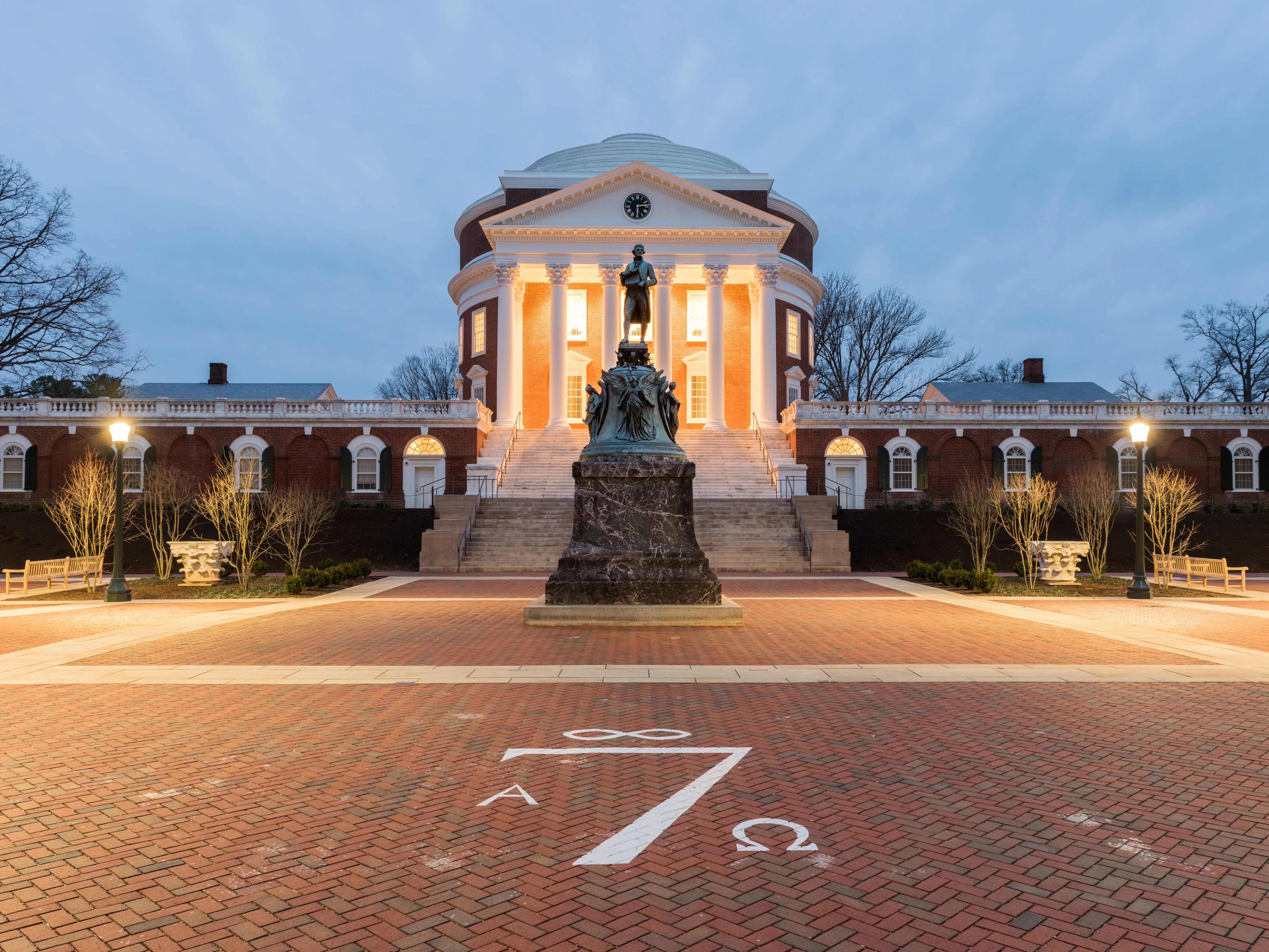 Charlottesville, Virginia - Feb 19, 2017: The University of Virginia in Charlottesville, Virginia at night. Thomas Jefferson founded the University of Virginia in 1819.