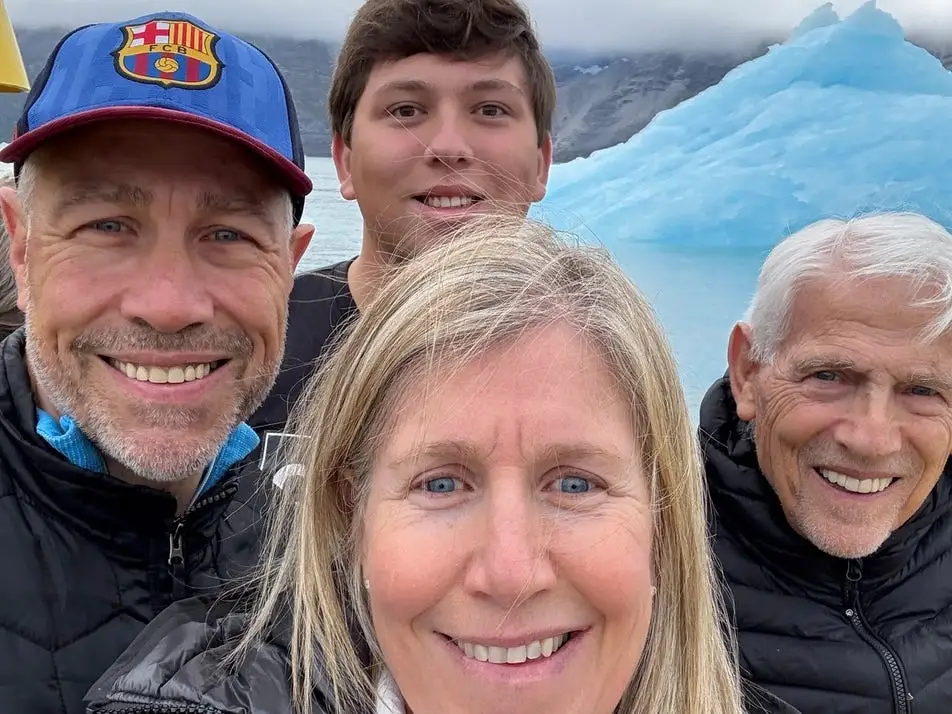 A selfie of a family visiting the glaciers in Greenland.
