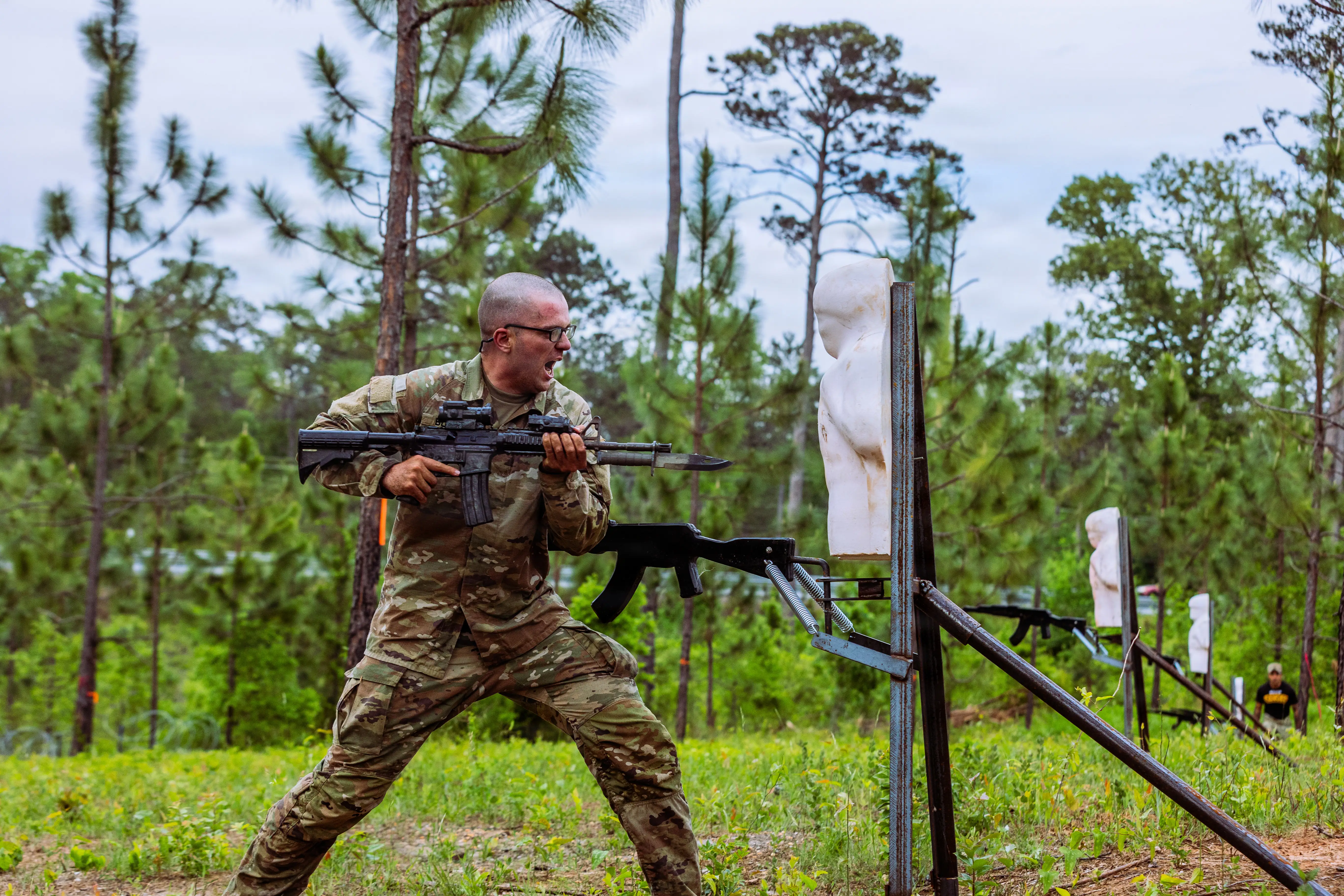 An Army Ranger Course student attacks a target on the new bayonet assault course on April 21, 2026, at Fort Benning, Georgia.