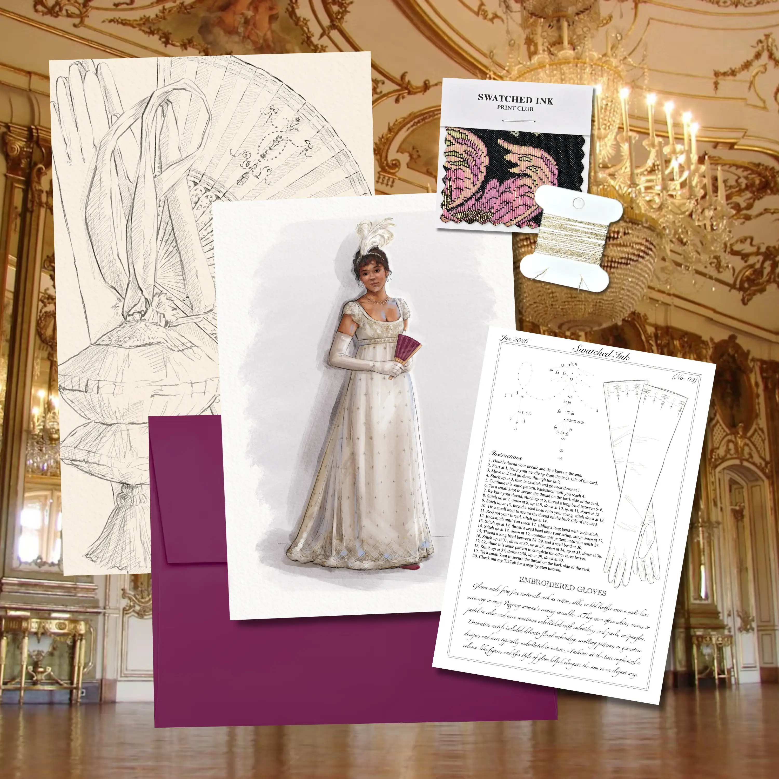 An illustration of a woman and a piece of card with instructions on how to sew a type of stitch.