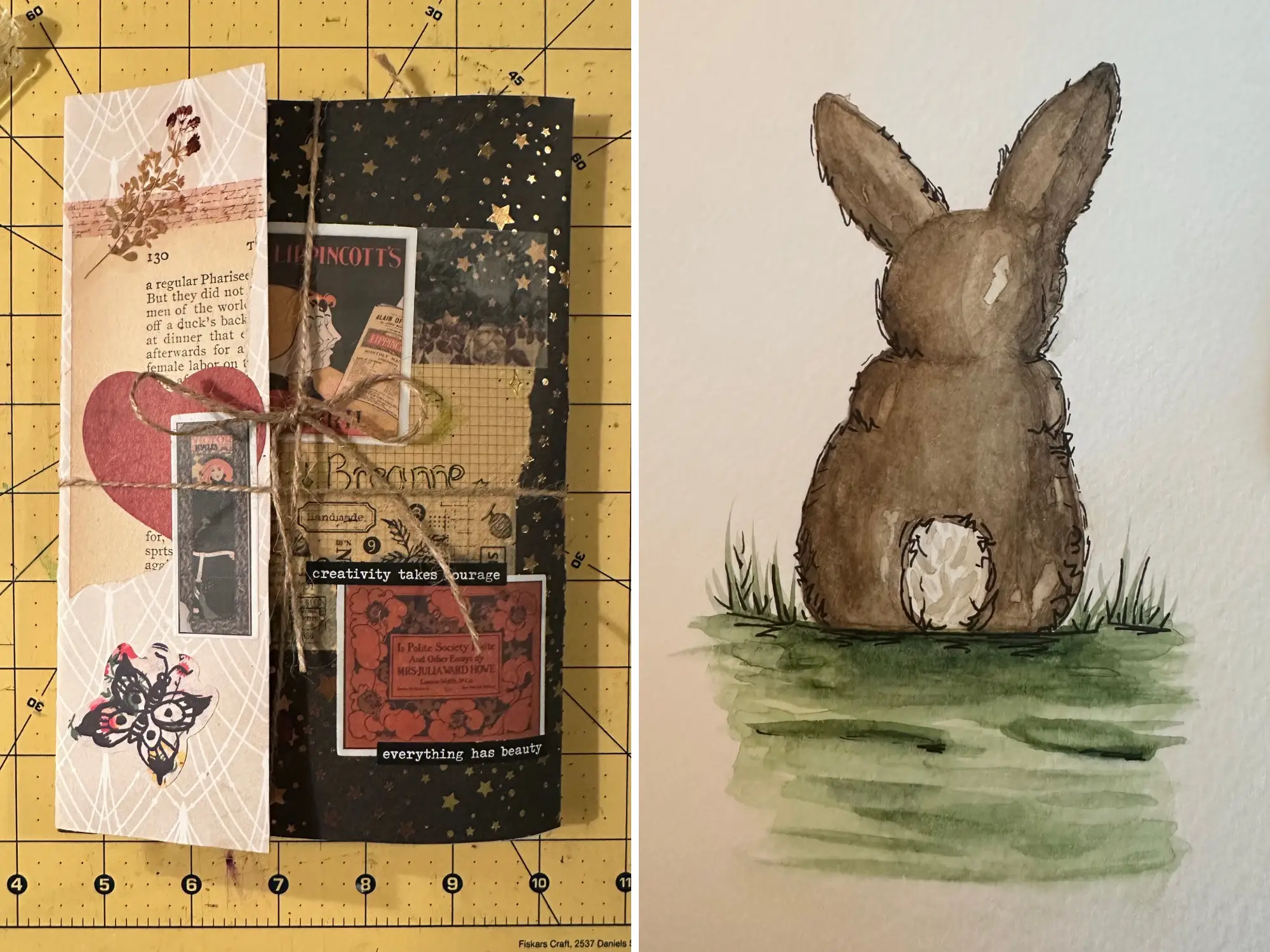 A composite image. On the left, a craftsy mailer, on the right, a drawing of a rabbit.