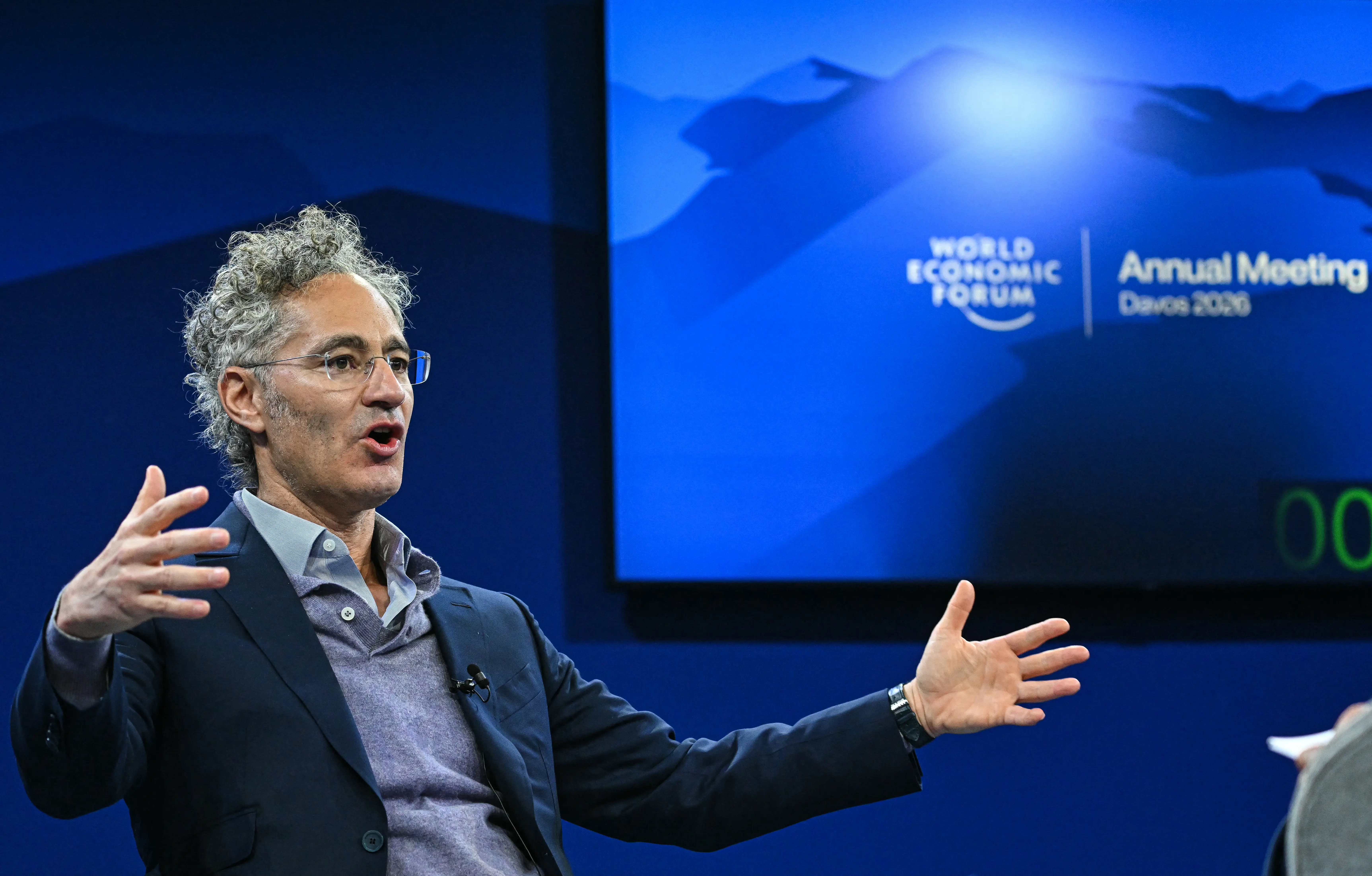 Palantir CEO Alex Karp speaking at an event in Davos, Switzerland, for the World Economic Forum.