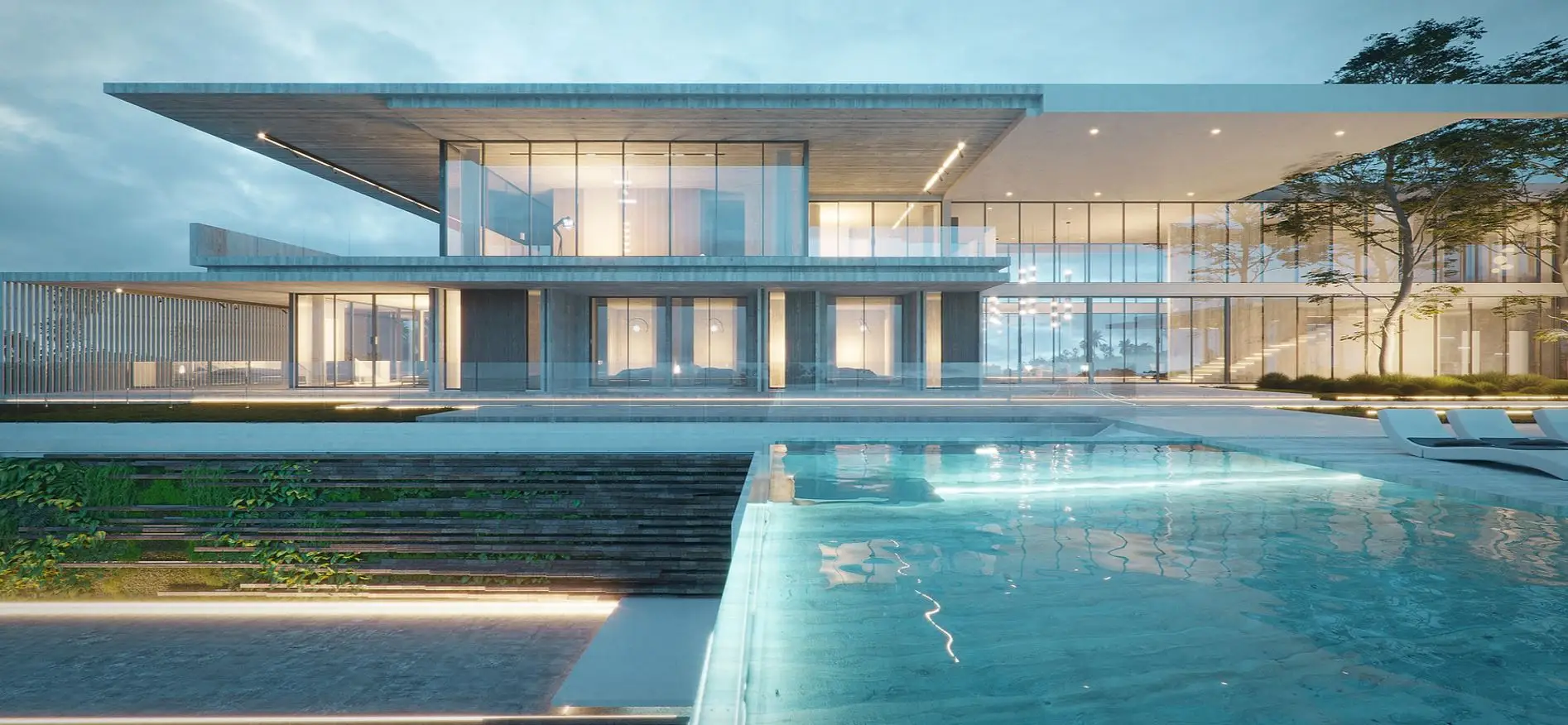 A rendering of the back of a luxury home.