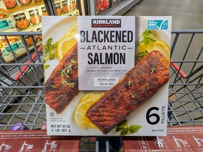 Kirkland Signature blackened salmon in Costco cart