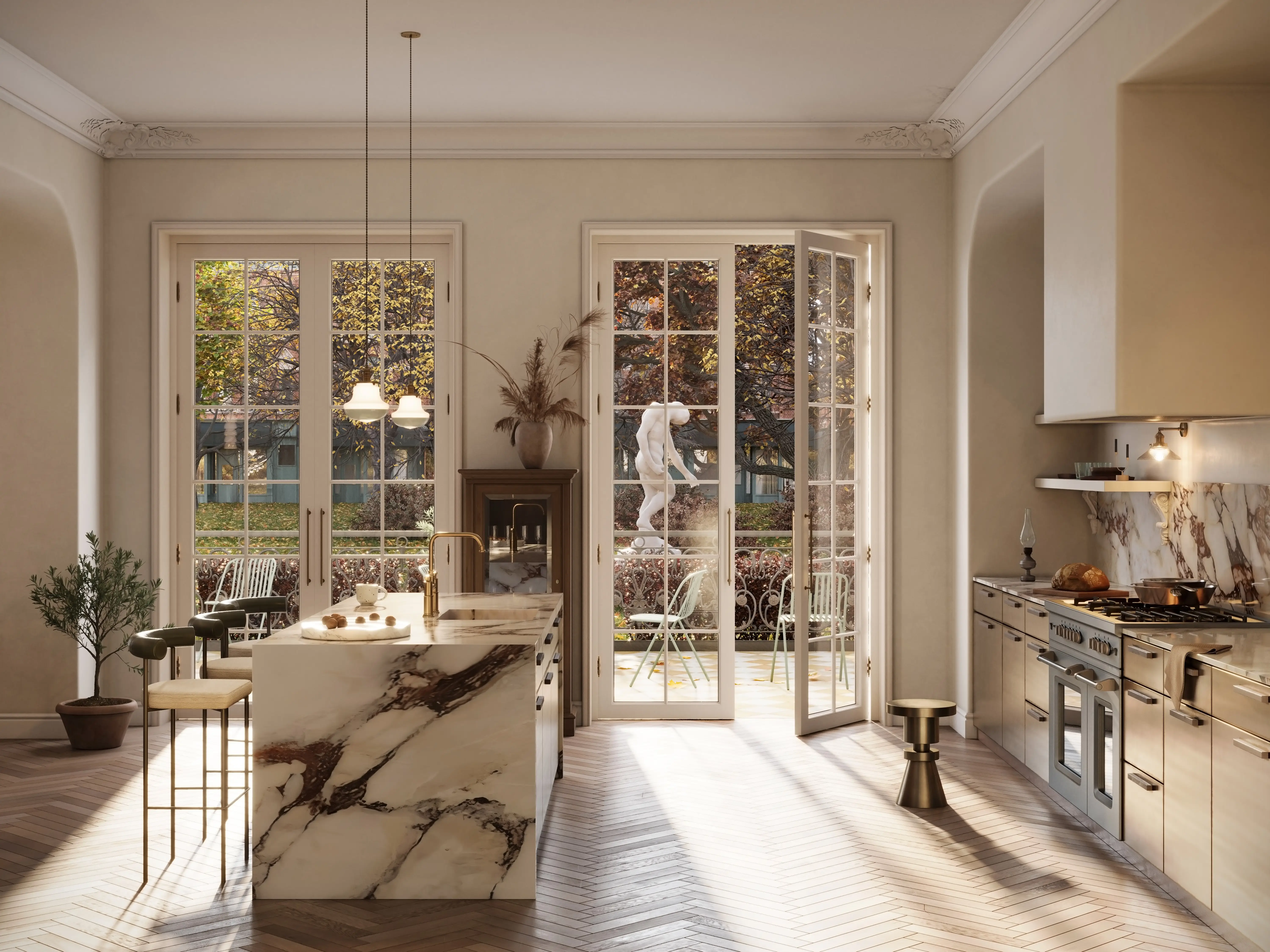 Computer generated image of a simple kitchen design. 3D rendering of old style kitchen interior with three high chairs at island.
