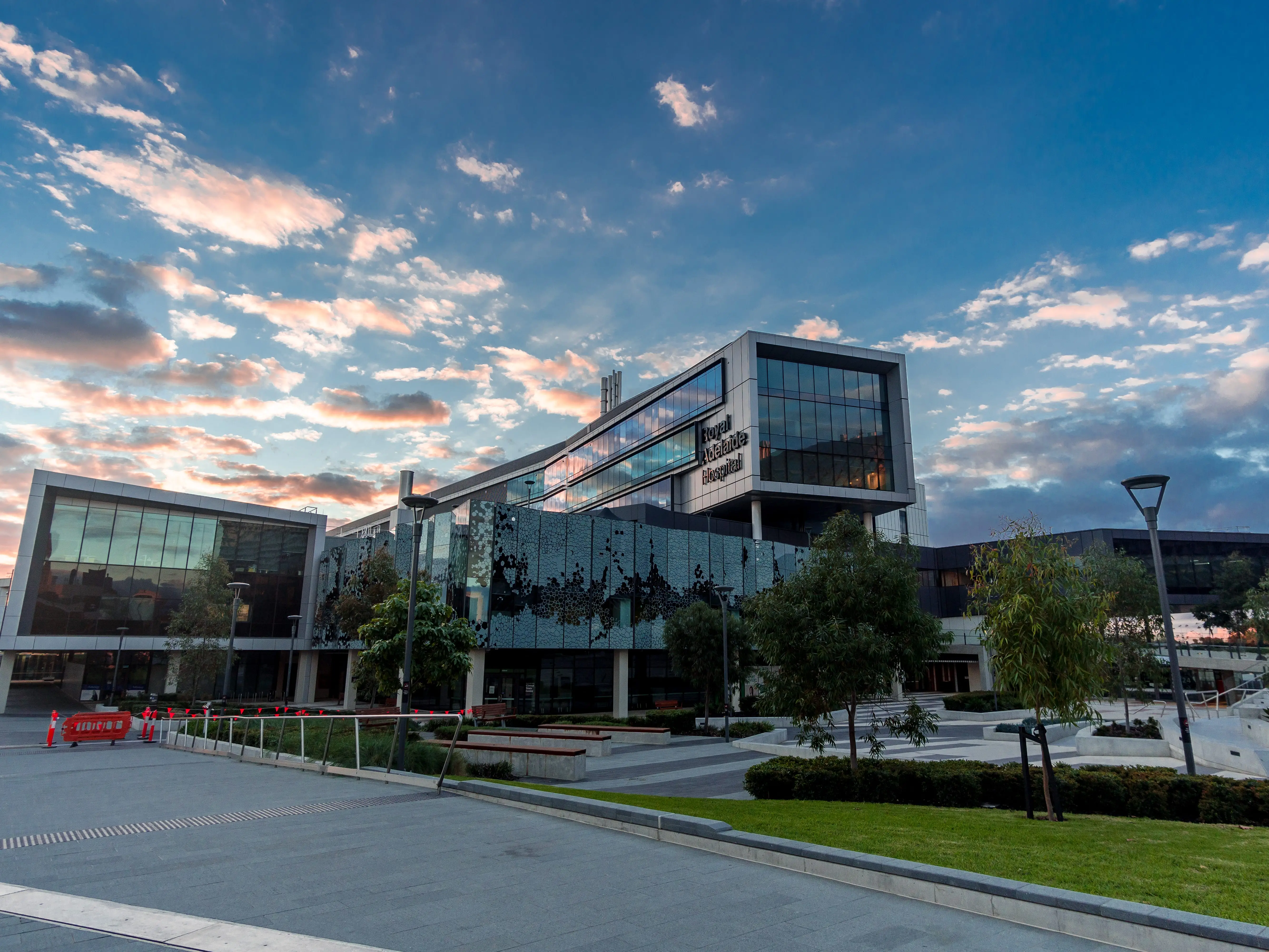 Adelaide, South Australia / Australia - June 24 2018: Royal Adelaide Hospital at sunset in winter