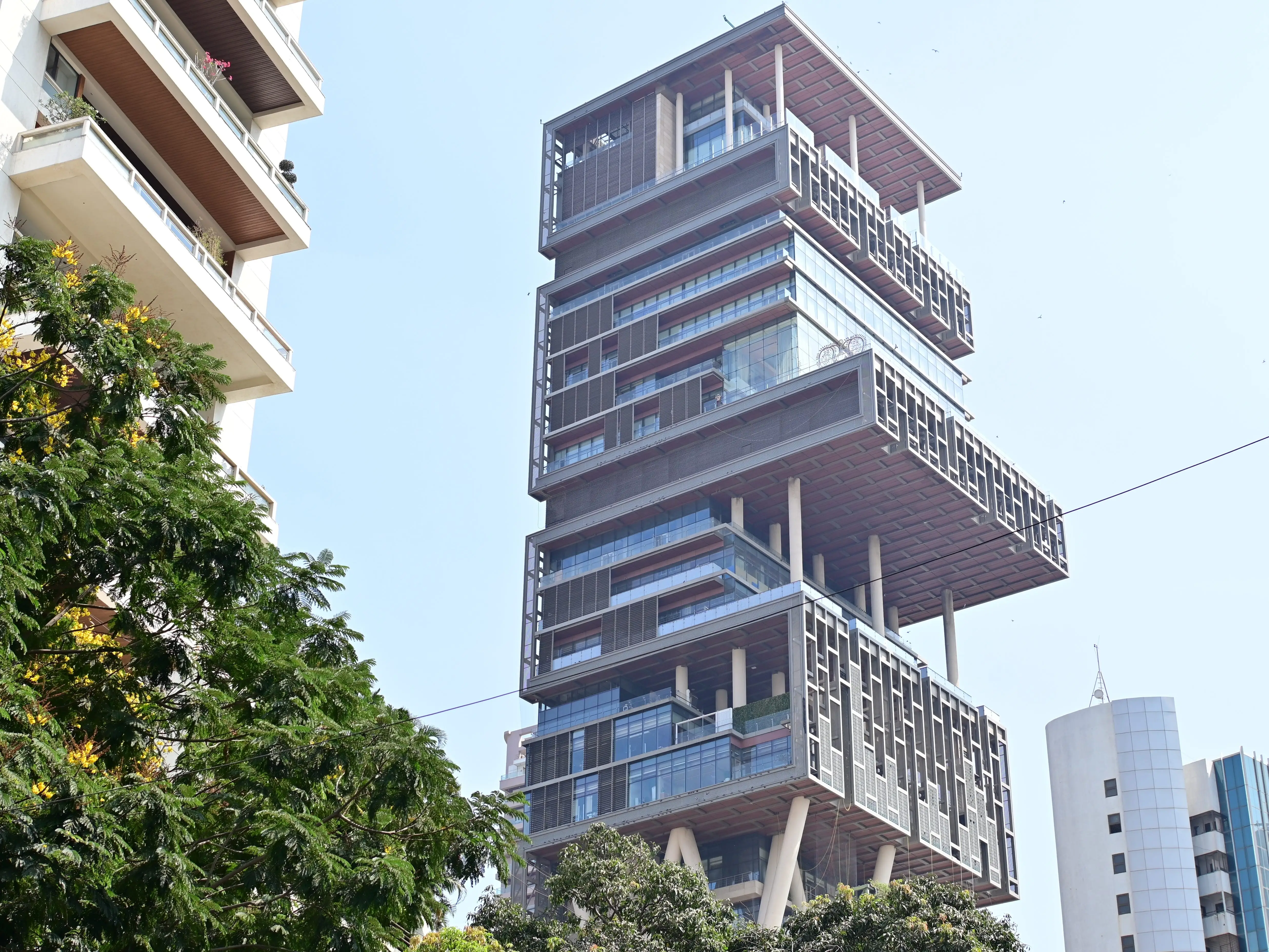 Mumbai, India - April 15, 2024: Antilia building, It is the residence of the Indian billionaire Mukesh Ambani, the skyscraper-mansion is one of the world's largest and most elaborate private homes.