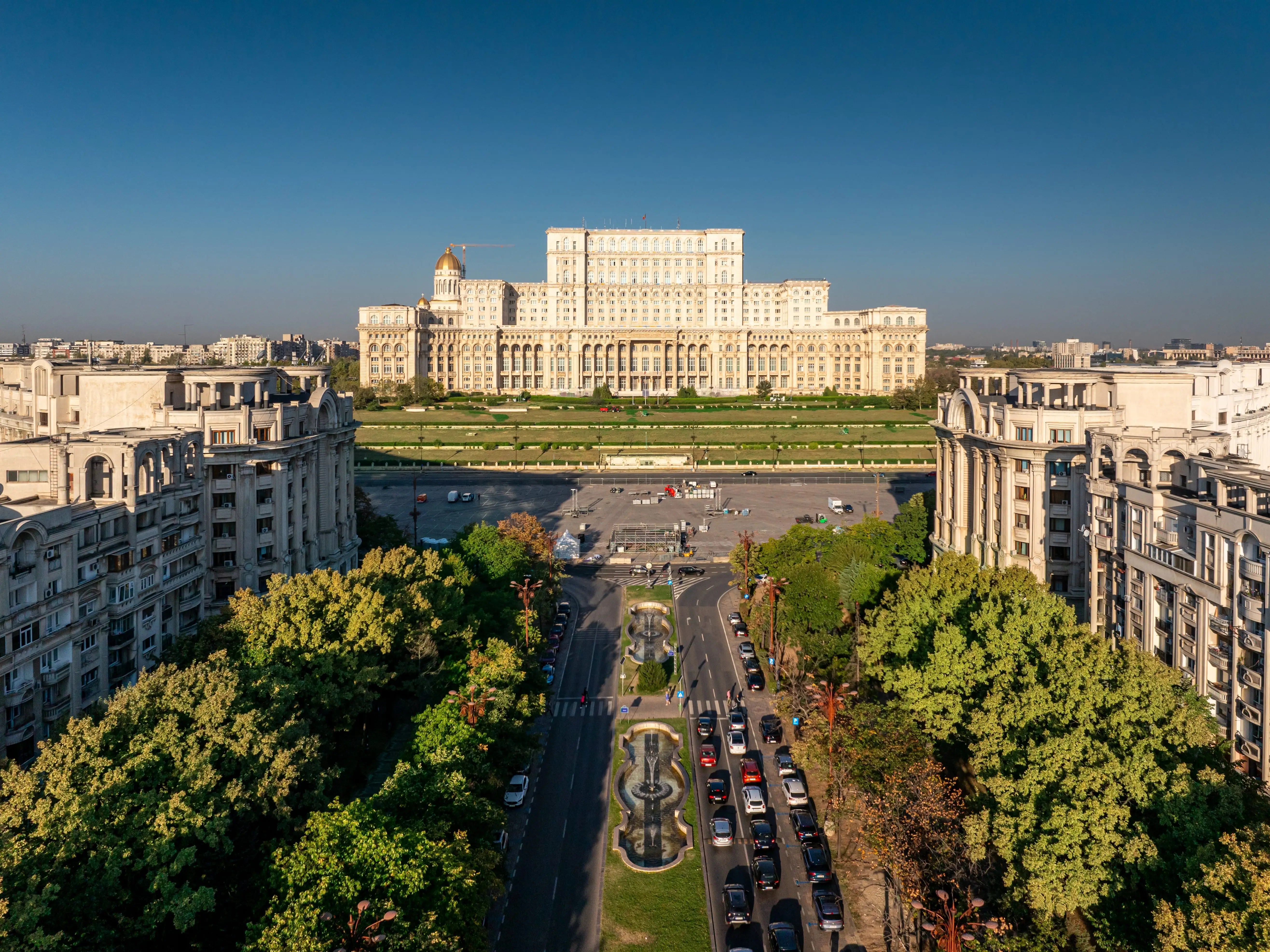 Palace of the Parliament (Casa Poporului in Romanian) from above. Aerial photo with this landmark from Bucharest, one of the biggest buildings in the world. Travel to Romania.