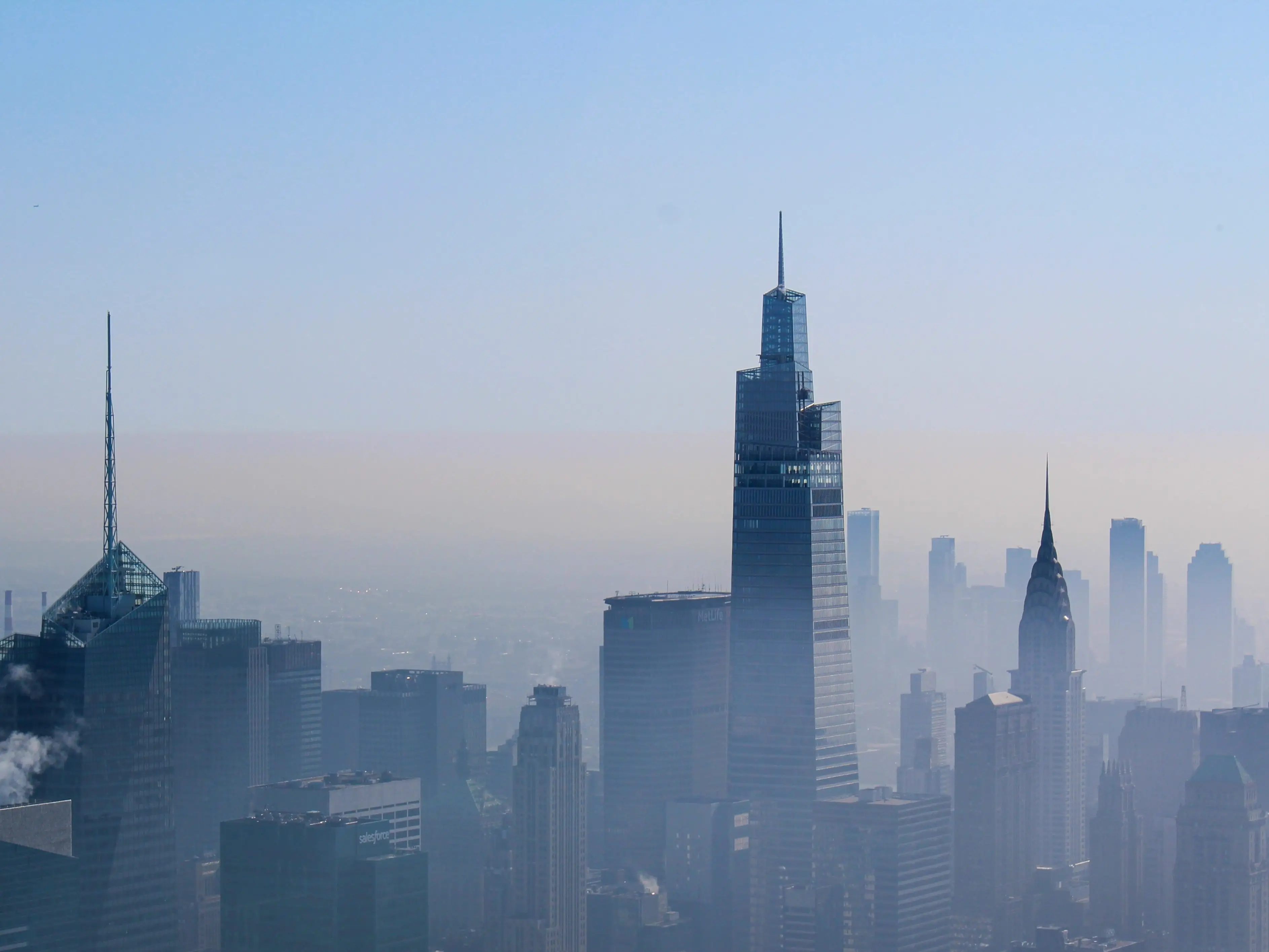 03-15-2022, New York, One Vanderbilt and the Chrysler Building emerging through the morning fog in Manhattan. This image showcases the blend of modern and classic architecture in New York skyline